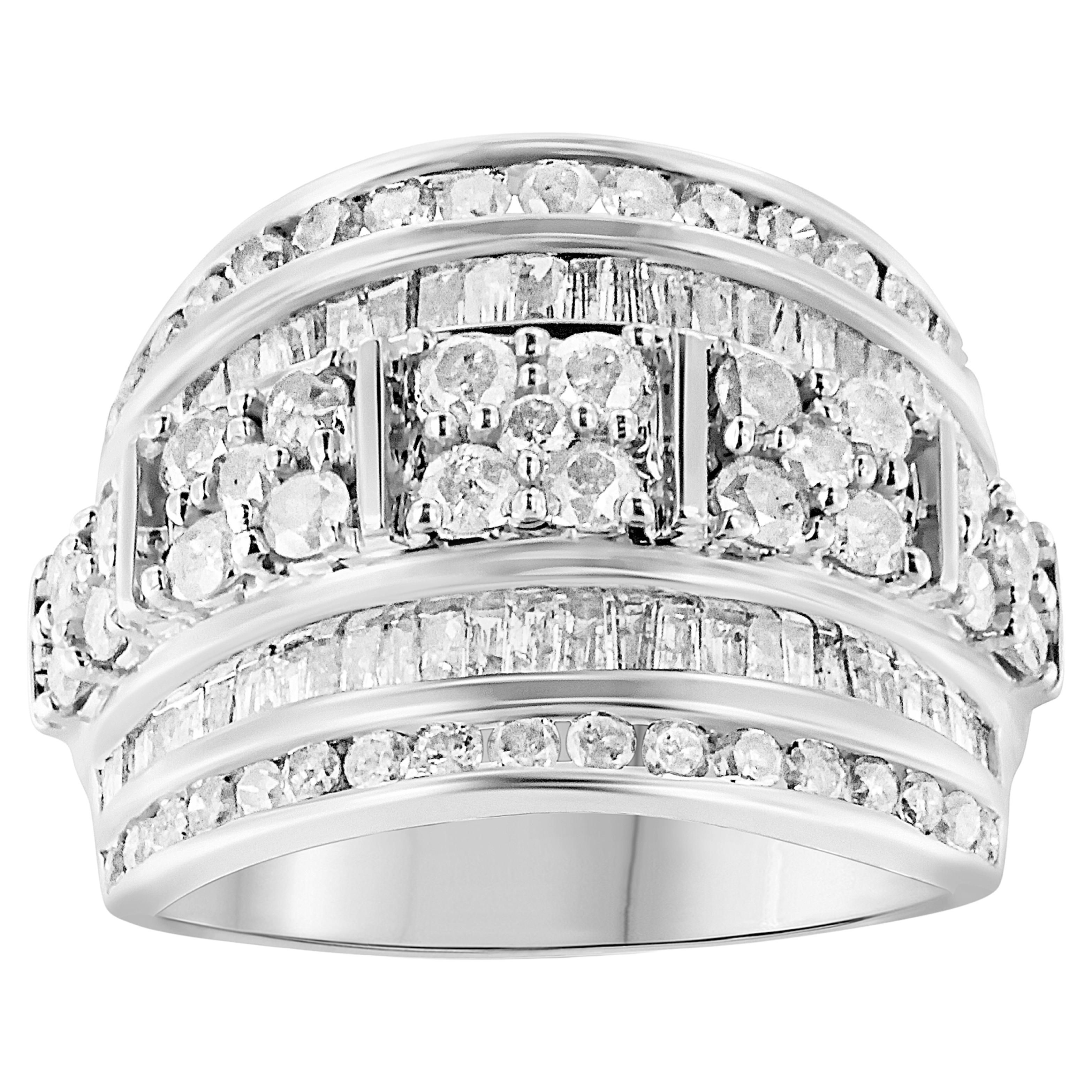 .925 Sterling Silver 2.0 Carat Diamond Multi-Row Tapered Cocktail Fashion Ring For Sale