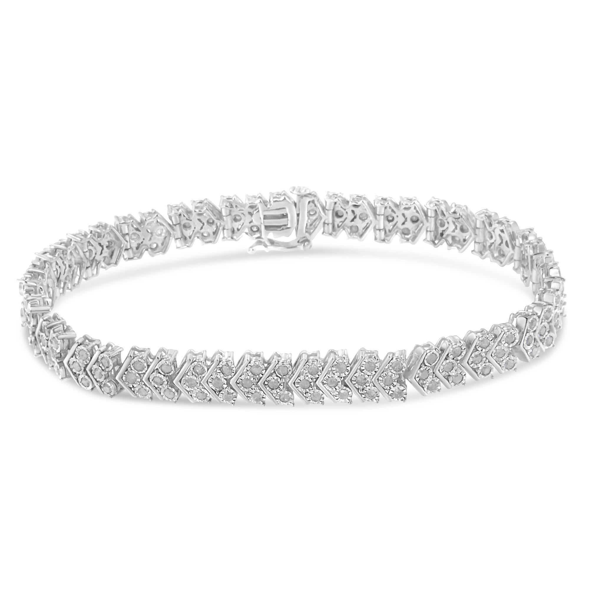 Elegant and timeless, this gorgeous sterling silver link bracelet features 2.17 carat total weight of round, rose cut, promo quality diamonds with 150 stones in all. The tennis bracelet features illusion set diamonds in our unique miracle-plate