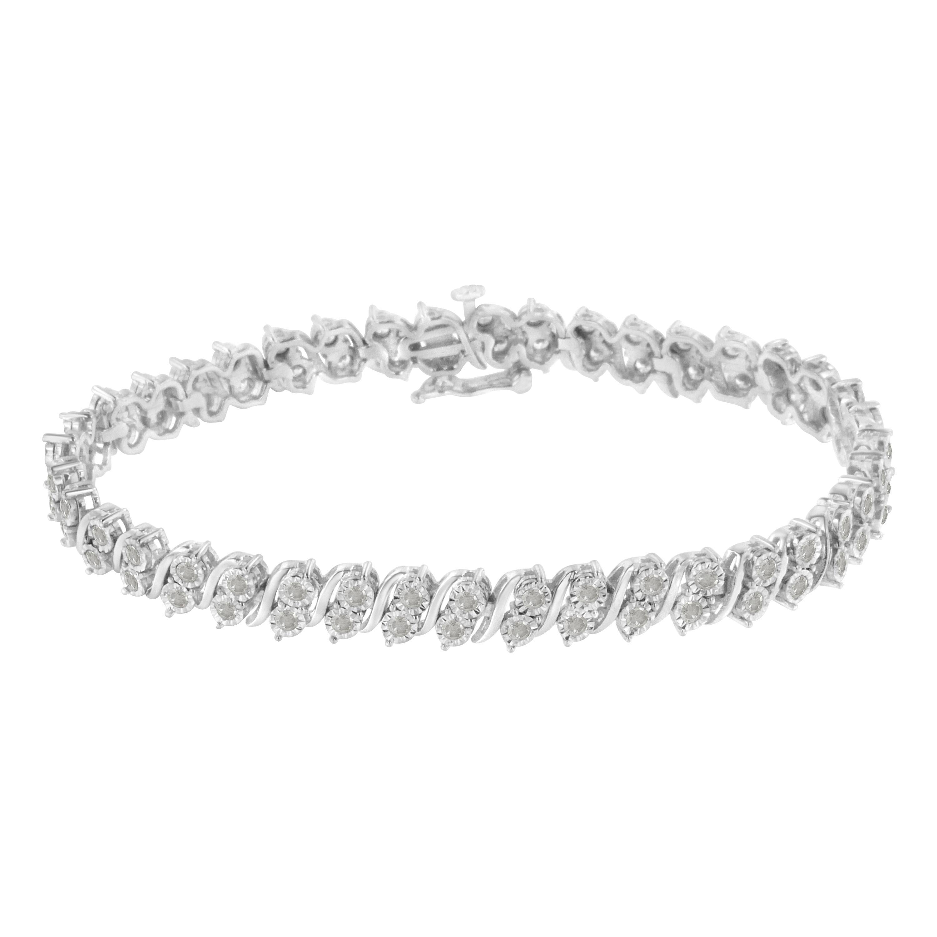 Elegant and timeless, this gorgeous sterling silver tennis bracelet features 2.0 carat total weight of round, rose cut diamonds. The tennis bracelet features S curved links with a duo of petite genuine round near colorless I-J color diamonds. These