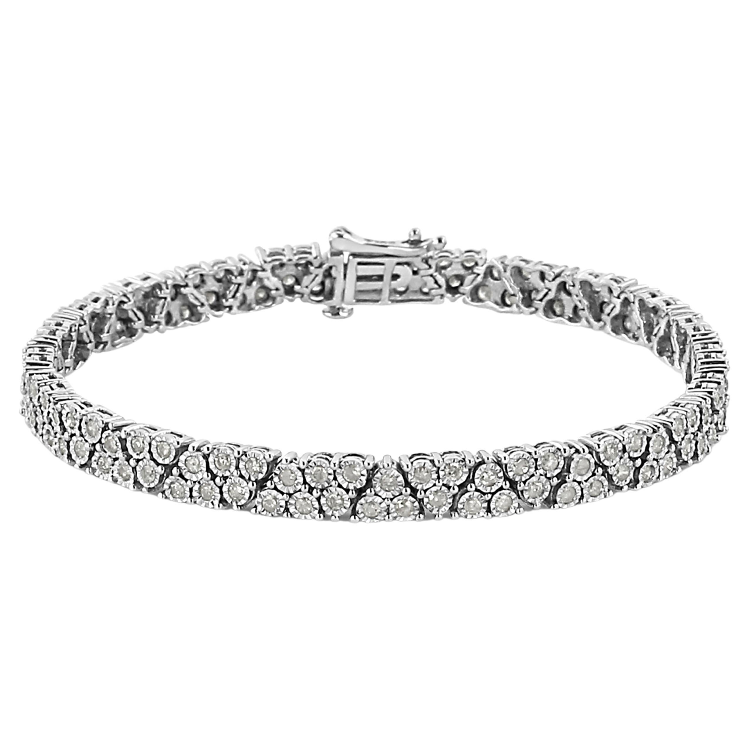 .925 Sterling Silver 2.0 Carat Diamond Trio Link Multi Row Tennis Bracelet For Sale