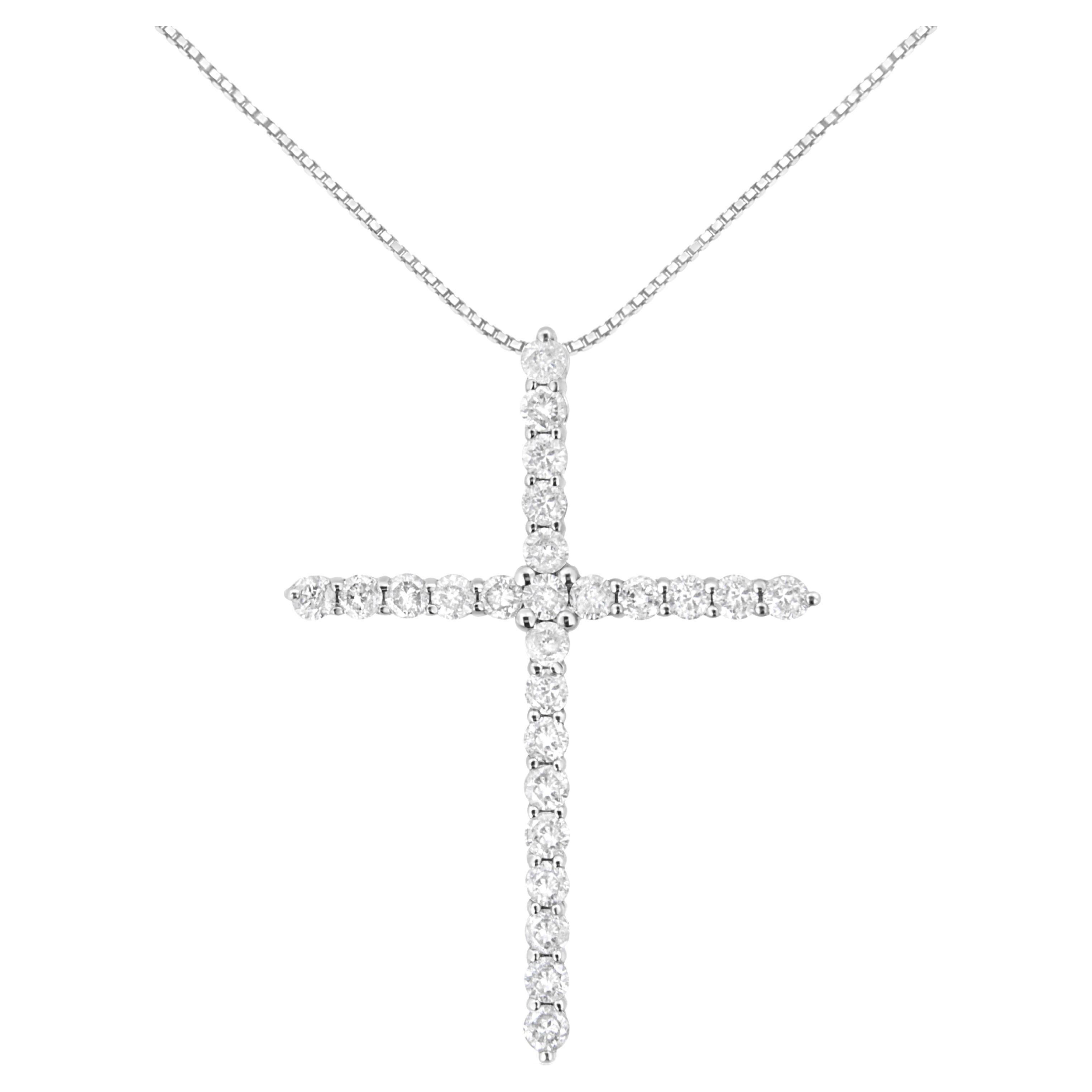 .925 Sterling Silver 2.0 Carat Round-Cut Diamond Cross Pendant Necklace For Sale