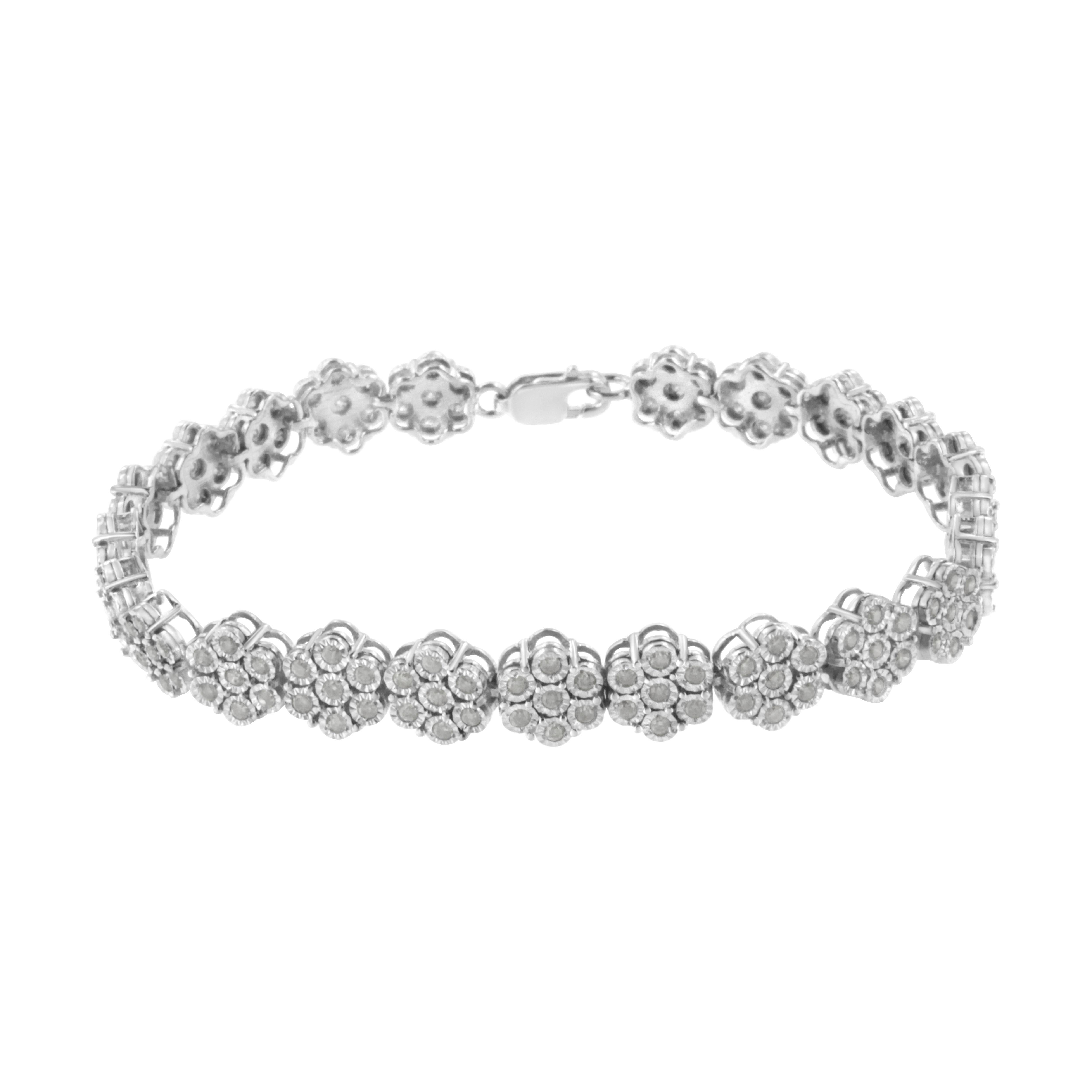 This wonderful flower link bracelet is fashioned in sterling silver and showcases 2 carats TDW in diamonds. One hundred and sixty one promo quality round cut diamonds glisten in this design. Seven miracle set diamonds create each one of the flower
