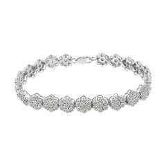 .925 Sterling Silver 2.00 Carat Diamond 7 Stone Floral Cluster Link Bracelet
