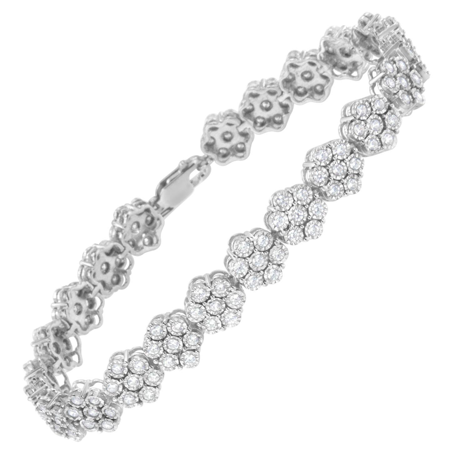 .925 Sterling Silver 2.00 Carat Diamond 7 Stone Floral Cluster Link Bracelet