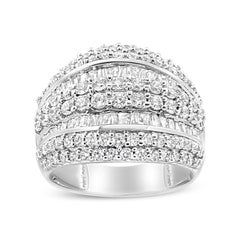 .925 Sterling Silver 2.00 Cttw Round and Baguette-Cut Diamond Cluster Ring