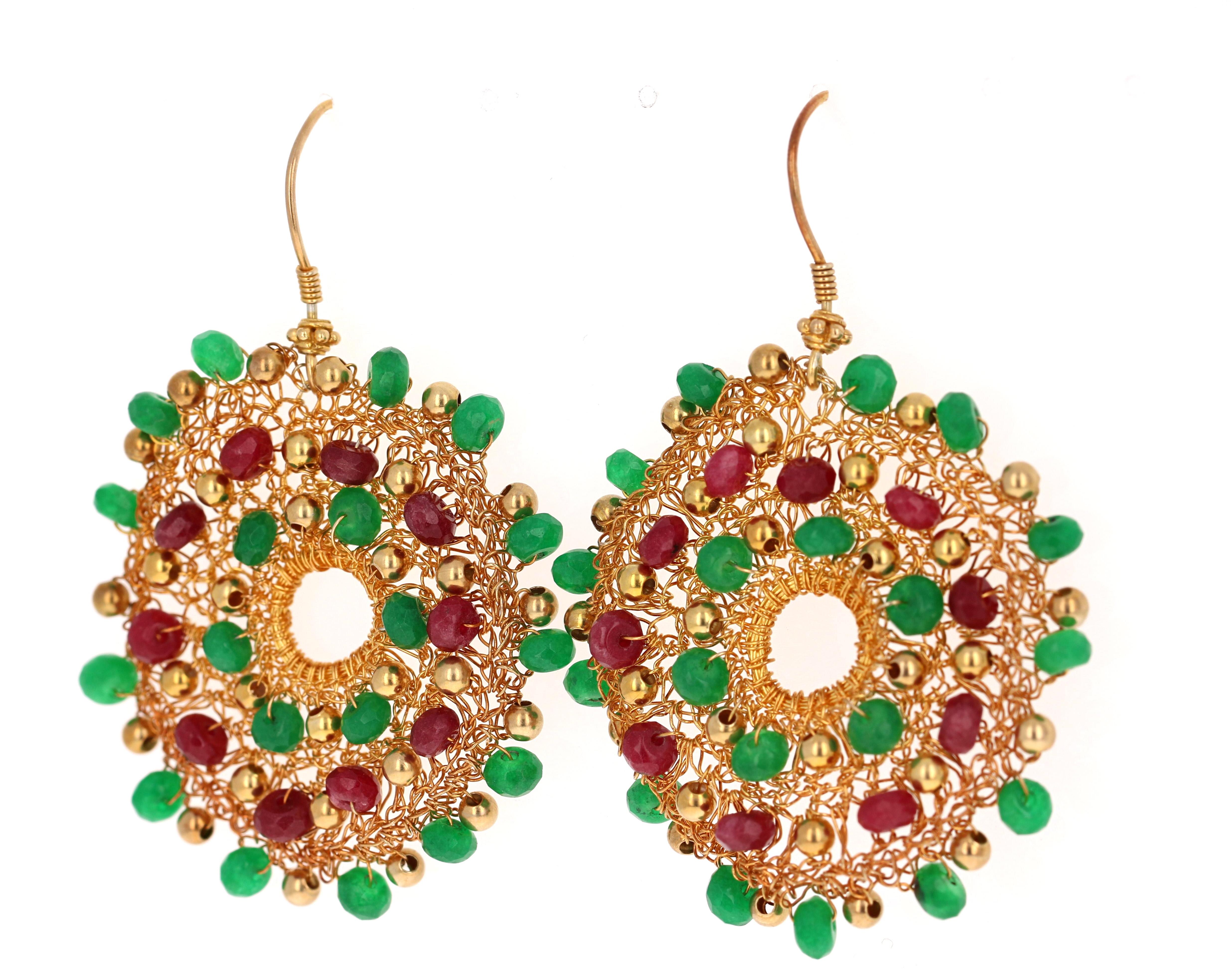 Artist 925 Sterling Silver 22 Karat Gold-Plated Genuine Emerald and Ruby Earrings