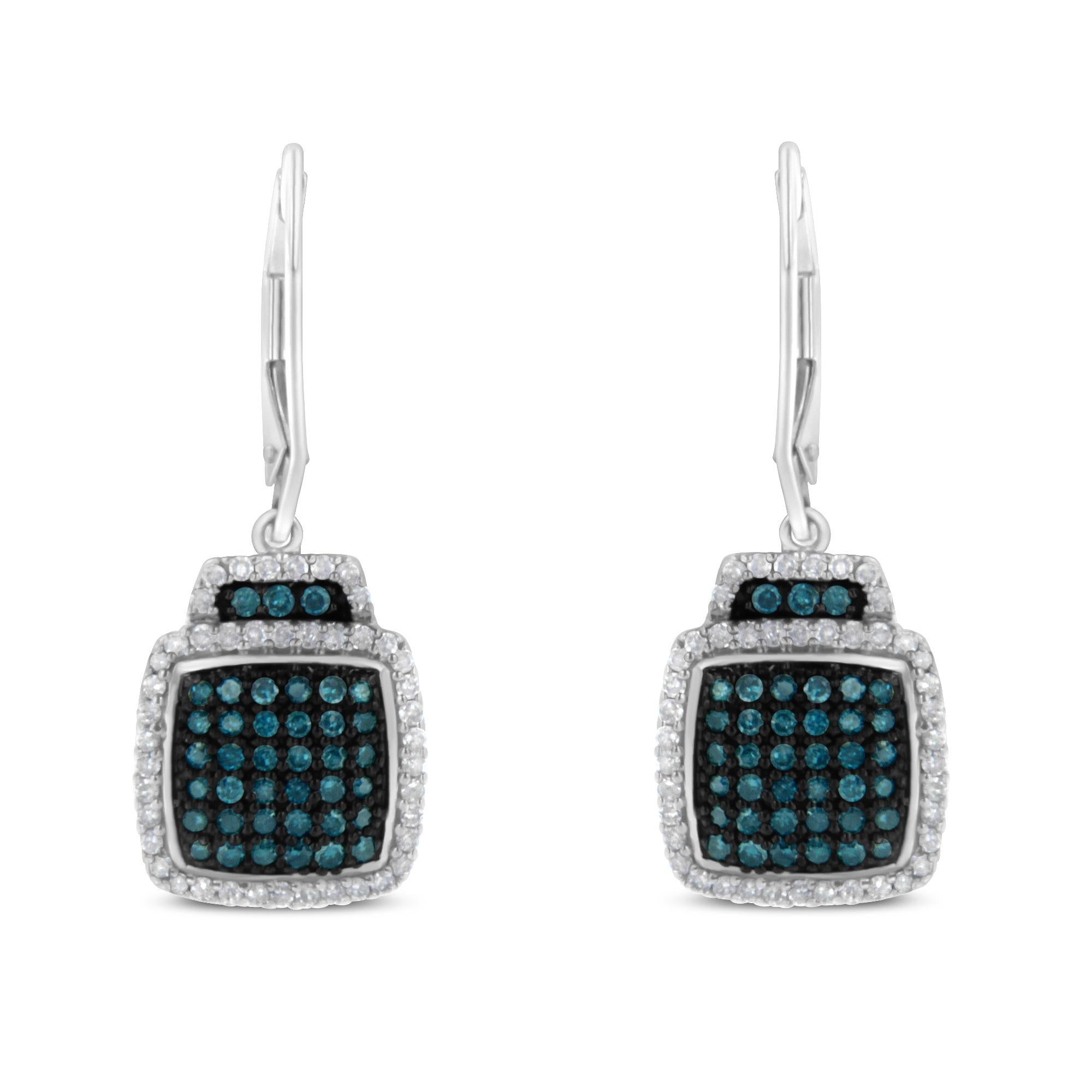 Contemporain Boucles d'oreilles pendantes en argent 925 avec diamant bleu de 3/4 carat traité dans la couleur en vente