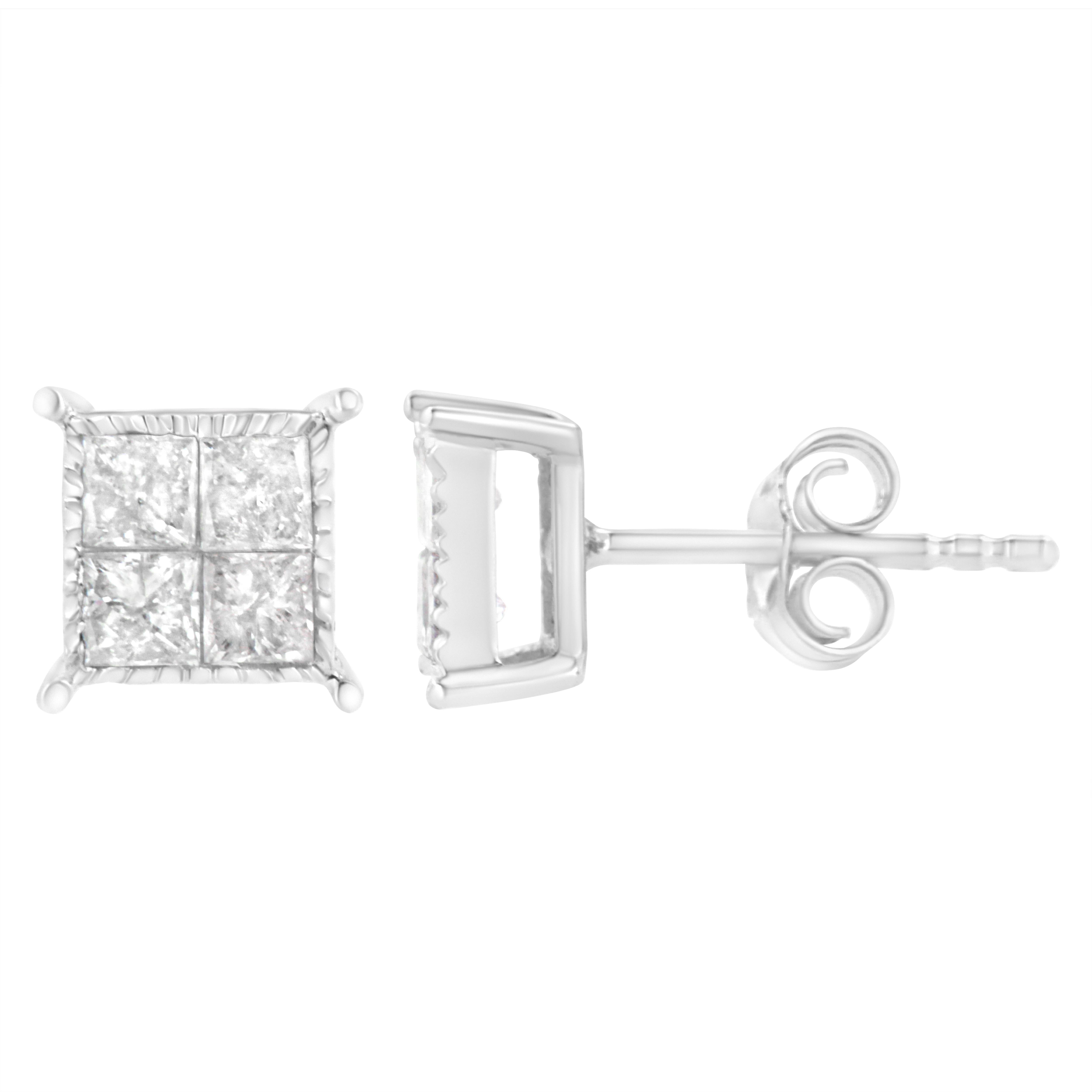 These elegant sterling silver stud earrings features 3/4 carats of beautiful, natural diamonds. Each stud is embellished with 4 princess-cut diamonds in an invisible setting. These rectangular earrings come with a push back finding and will add the