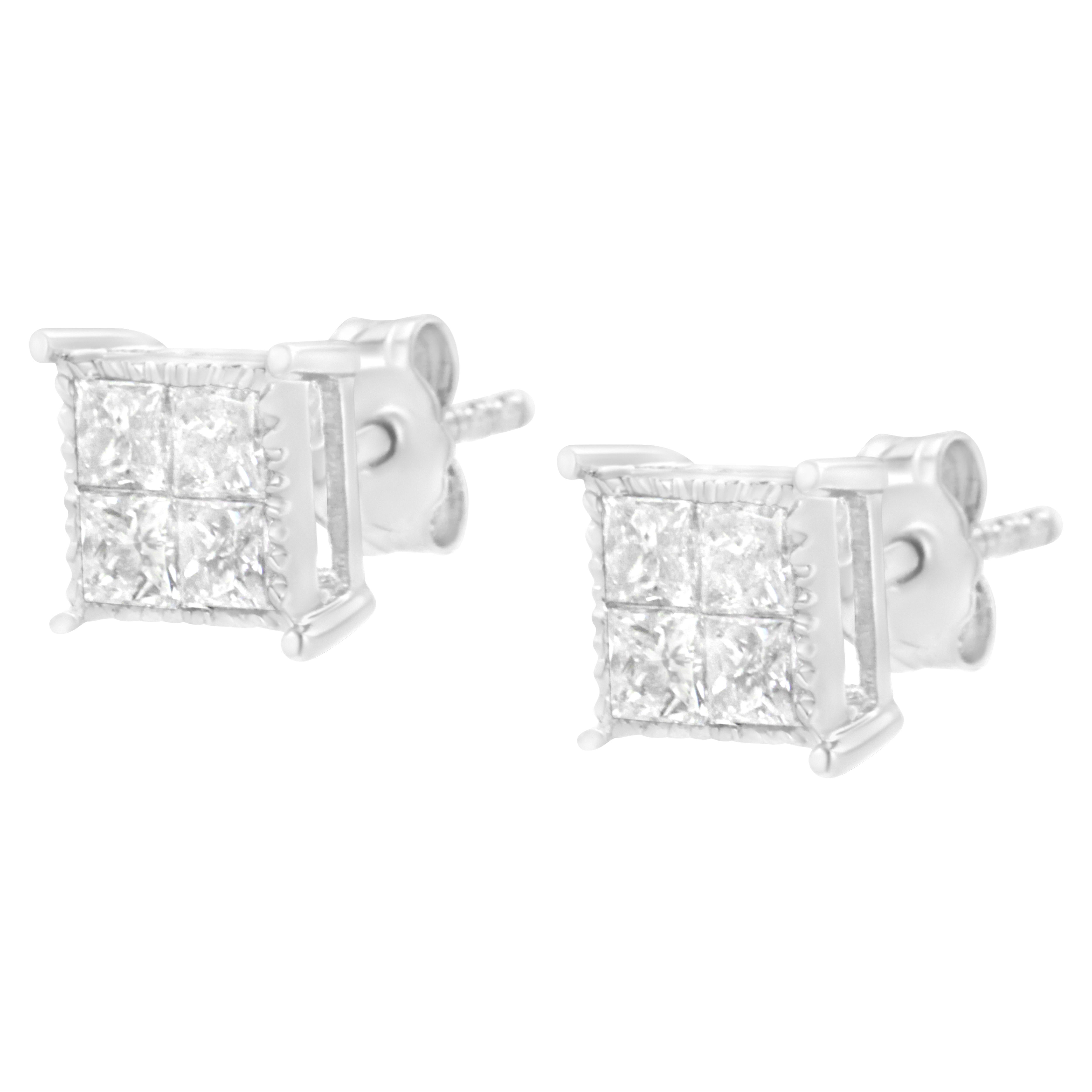 Princess Cut .925 Sterling Silver 3/4 Carat Composite Diamond Stud Earrings For Sale