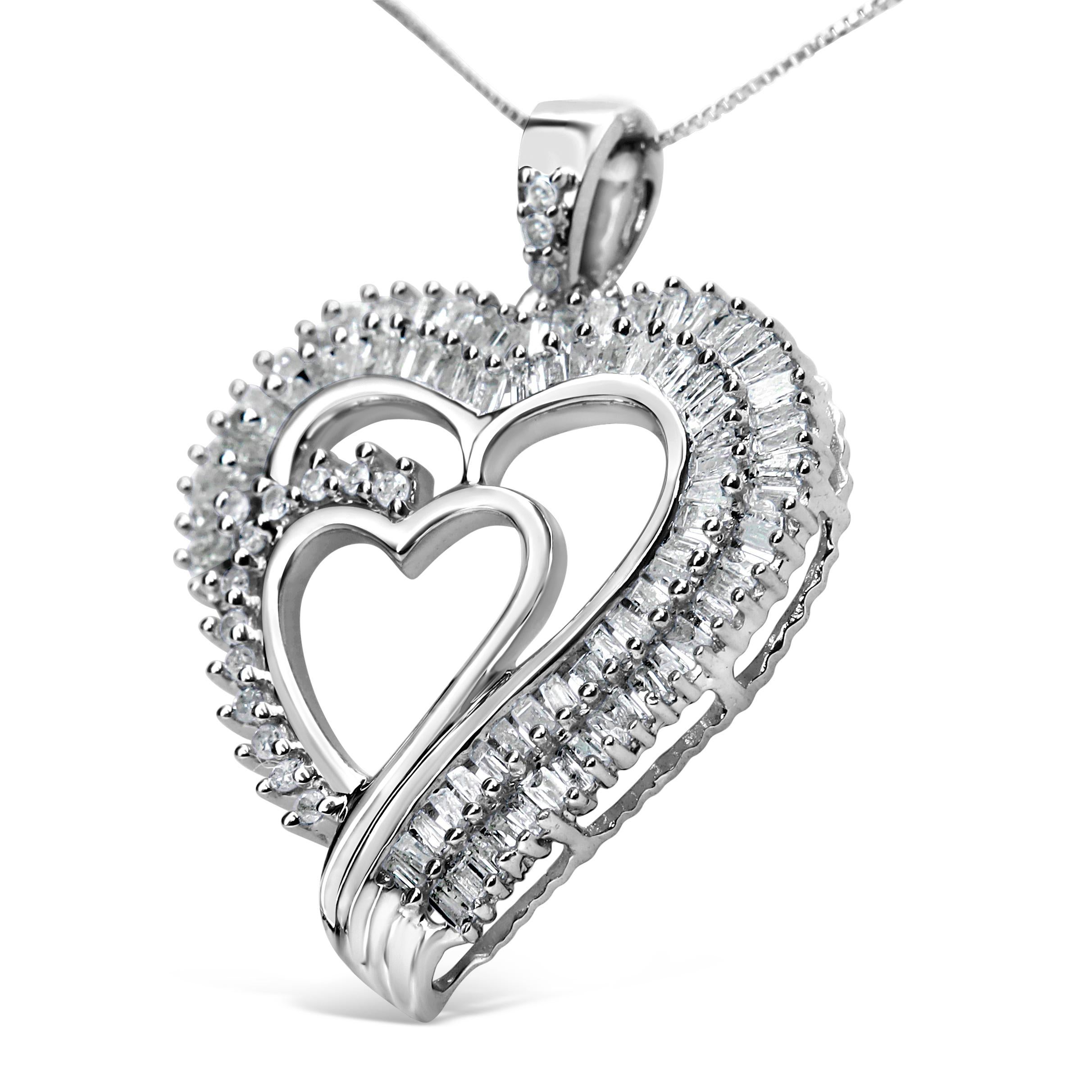 This lovely diamond pendant necklace displays a double heart motif with each of the hearts studded with shimmering diamonds for a sparkle that outshines the rest. Baguette diamonds in a channel setting adorn the outer heart and round diamonds in a