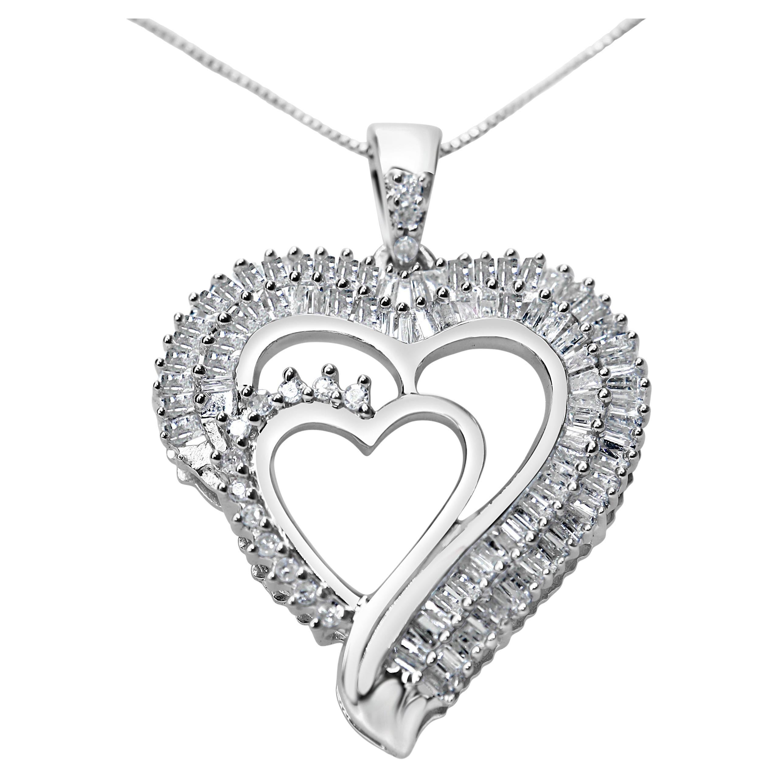 .925 Sterling Silver 3/4 Carat Diamond Double Heart Pendant Necklace For Sale