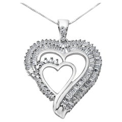 .925 Sterling Silver 3/4 Carat Diamond Double Heart Pendant Necklace