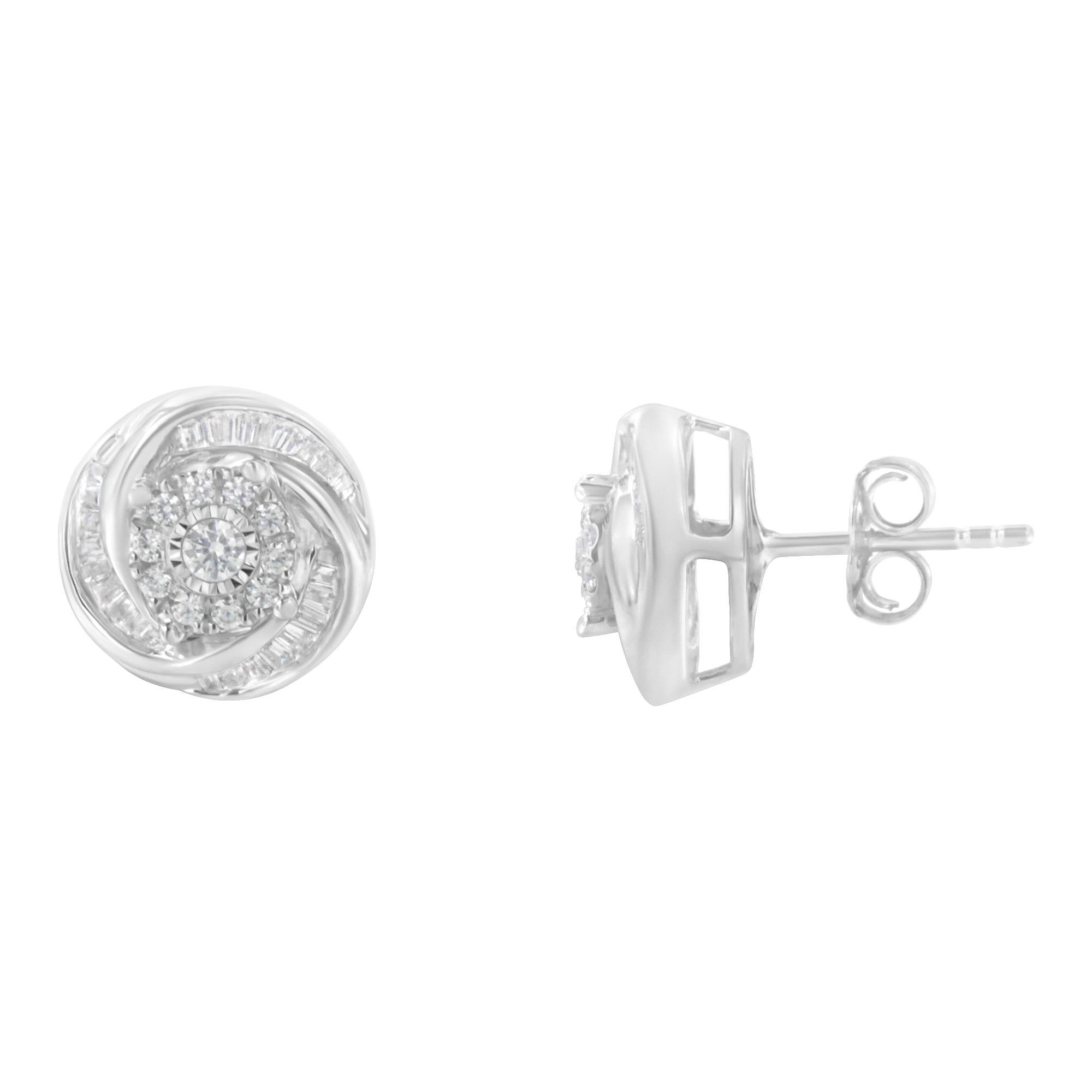 Introducing a dazzling masterpiece that effortlessly captures the essence of love and elegance. Behold these exquisite .925 Sterling Silver Love Knot Stud Earrings, adorned with a mesmerizing array of round and baguette-cut diamonds. Crafted with
