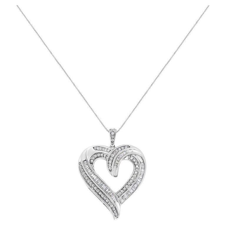 .925 Sterling Silver 3/4 Carat Diamond Open Heart Pendant Necklace For