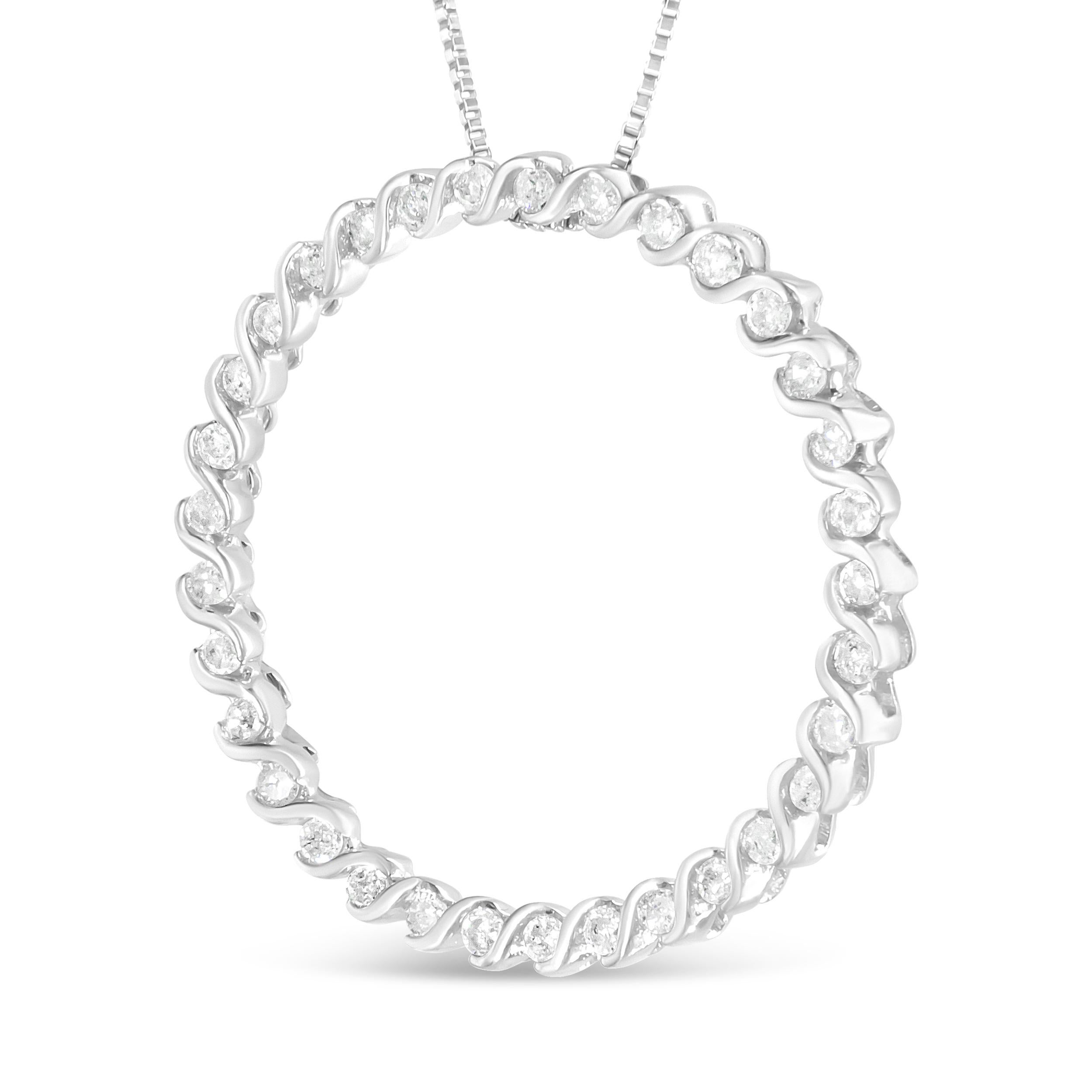 This gorgeous .925 sterling silver pendant necklace brings together love and life full circle with a chic open circle edged by glittering round, prong-set diamonds. The perennial beauty of this necklace makes it the perfect choice to wear for all