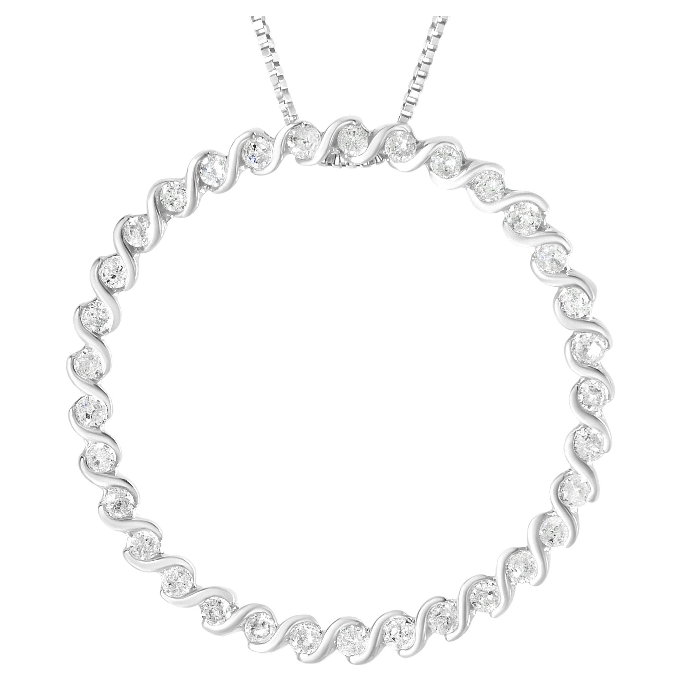 .925 Sterling Silver 3/4 Carat Diamond Spiral Curved Circle Pendant Necklace For Sale
