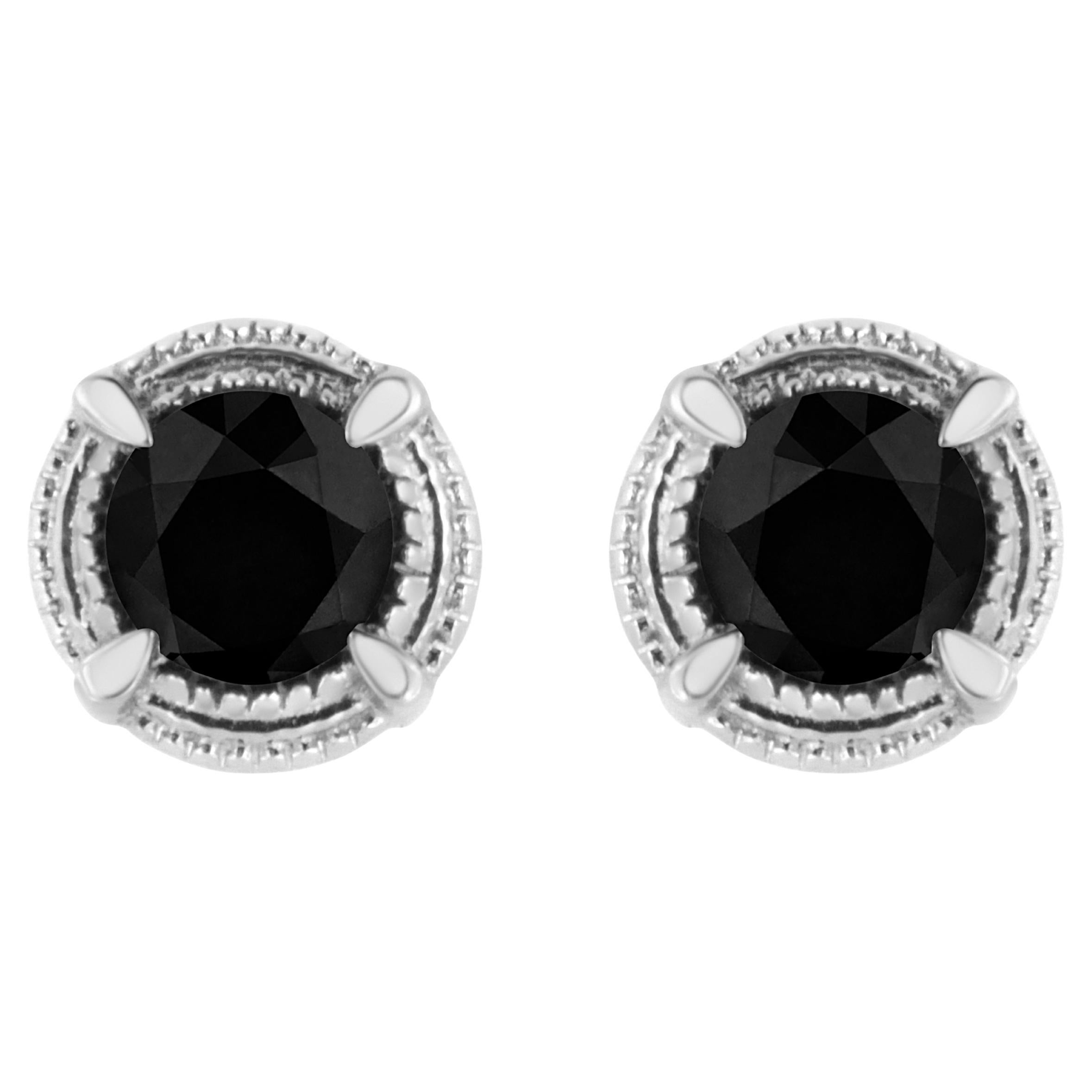 .925 Sterling Silver 3/4 Carat Treated Black Diamond Milgrain Stud Earrings For Sale