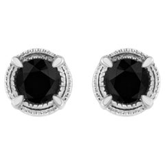 Clous d'oreilles en argent sterling .925 avec diamants noirs traités de 3/4 carat et millegrain