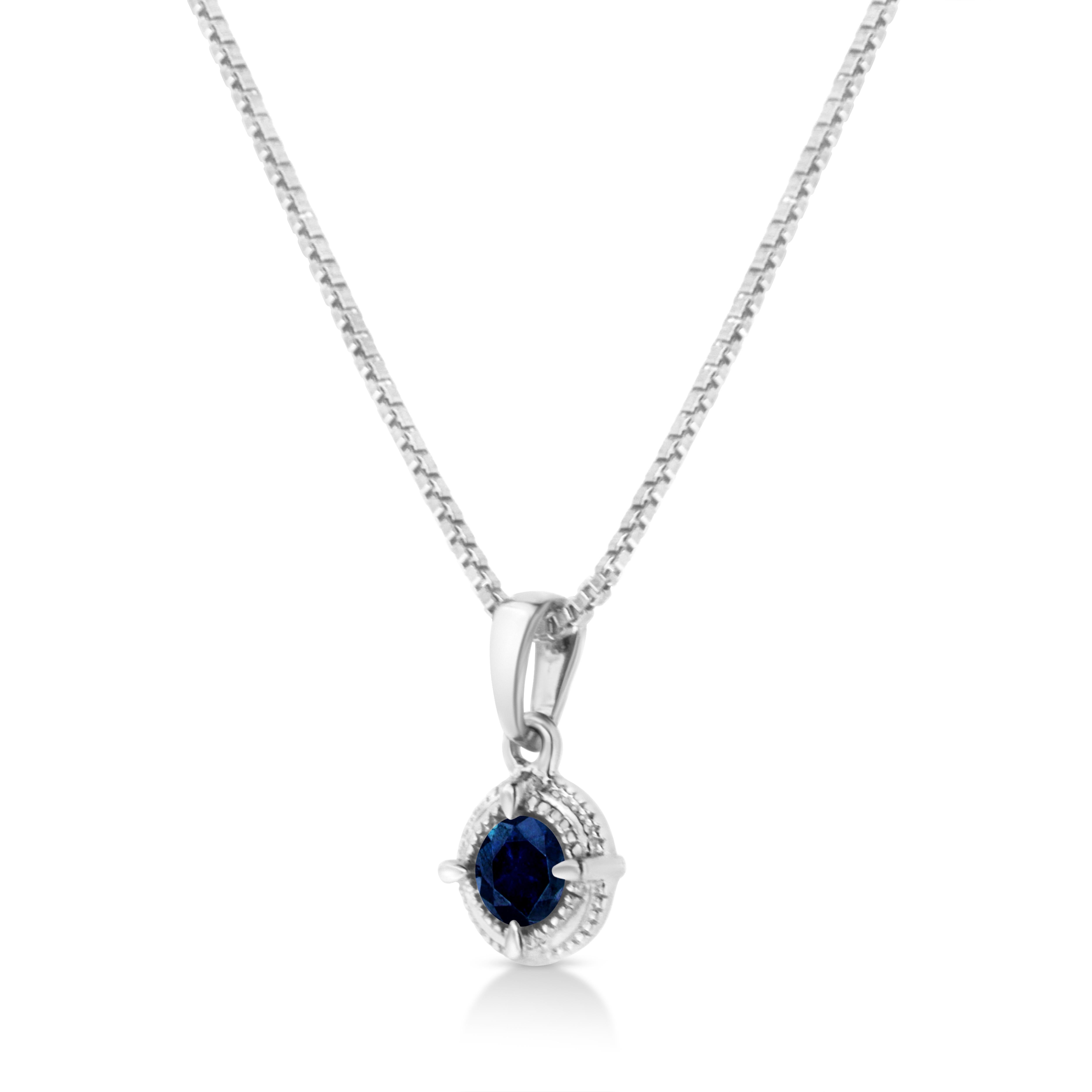 Contemporary .925 Sterling Silver 3/4 Carat Treated Blue Diamond Milgrain Pendant Necklace For Sale