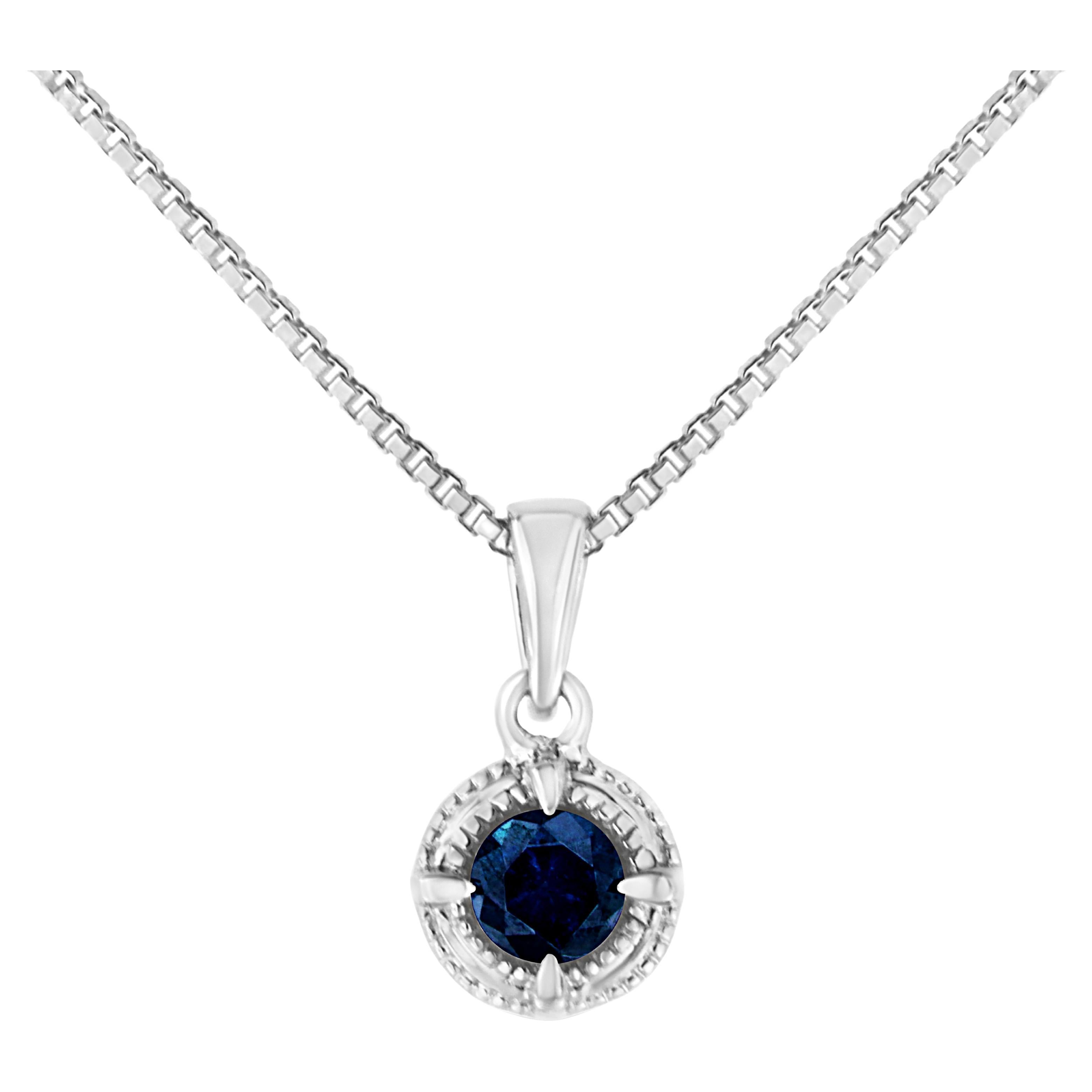 .925 Sterling Silver 3/4 Carat Treated Blue Diamond Milgrain Pendant Necklace
