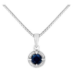 .925 Sterling Silver 3/4 Carat Treated Blue Diamond Milgrain Pendant Necklace