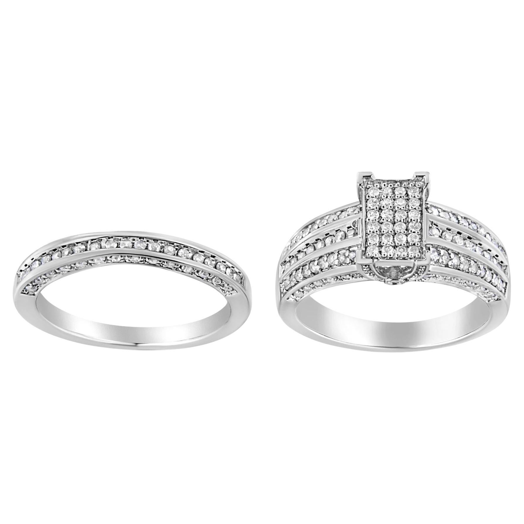 Conjunto de anillo de compromiso y banda de plata de ley .925 con 3/4 qt de diamantes compuestos