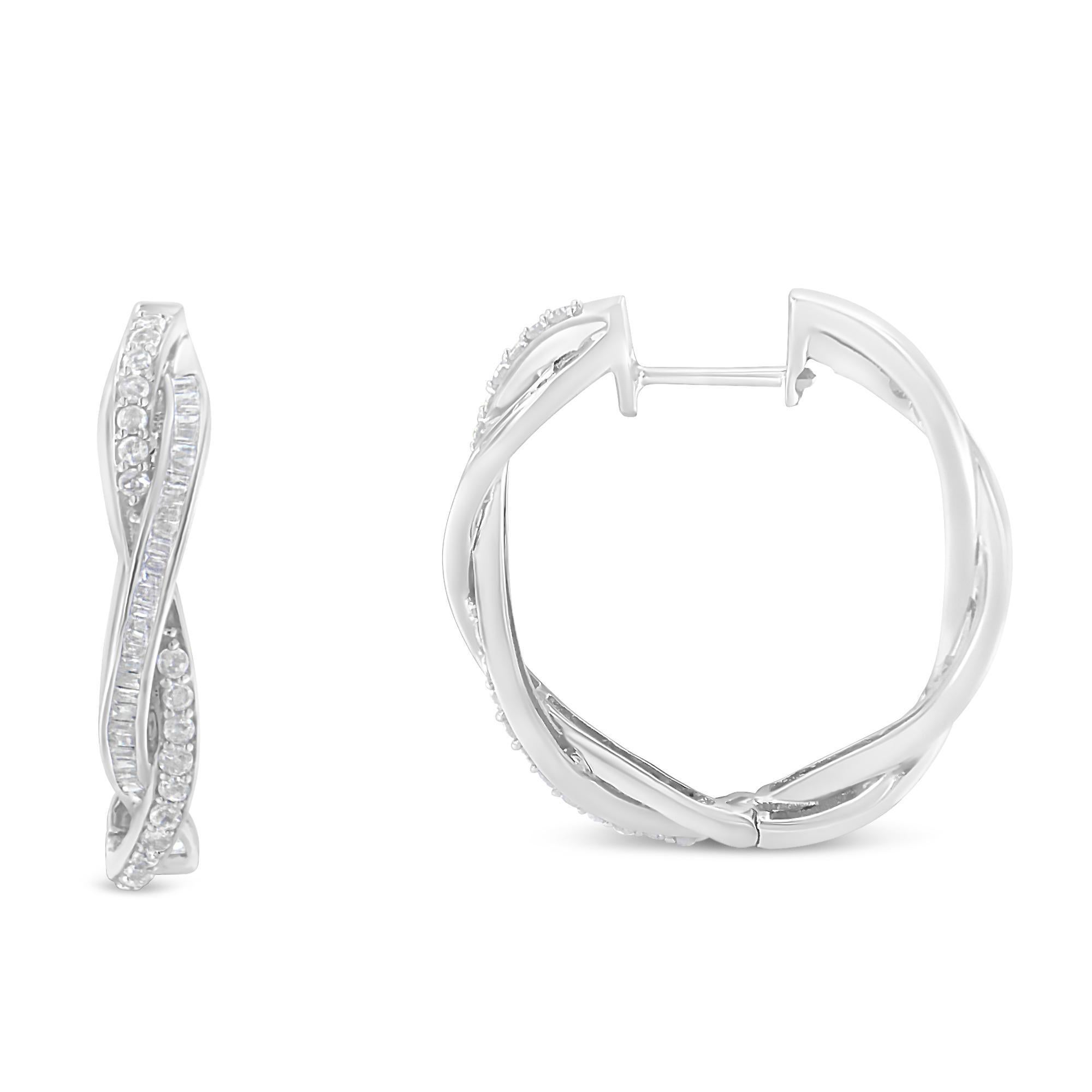 Add some much needed glamour to your outfit with these beautifully unique diamond hoop earrings. Created in a modern design, this piece is created with the finest 0.925 sterling silver and is embellished with 36 round-cut diamonds in a pave setting,