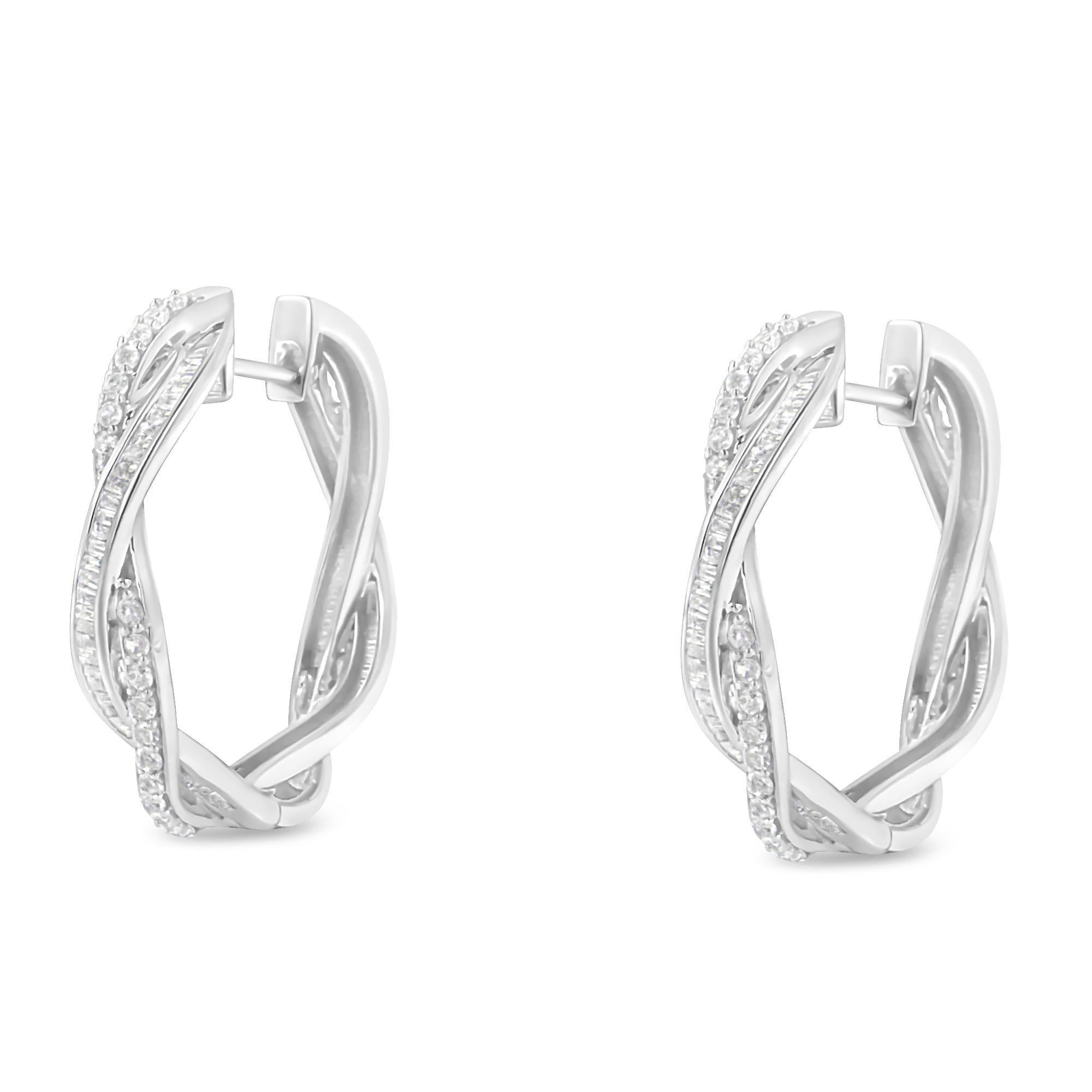 Round Cut .925 Sterling-Silver 3/4 cttw Diamond Hoop Earring For Sale