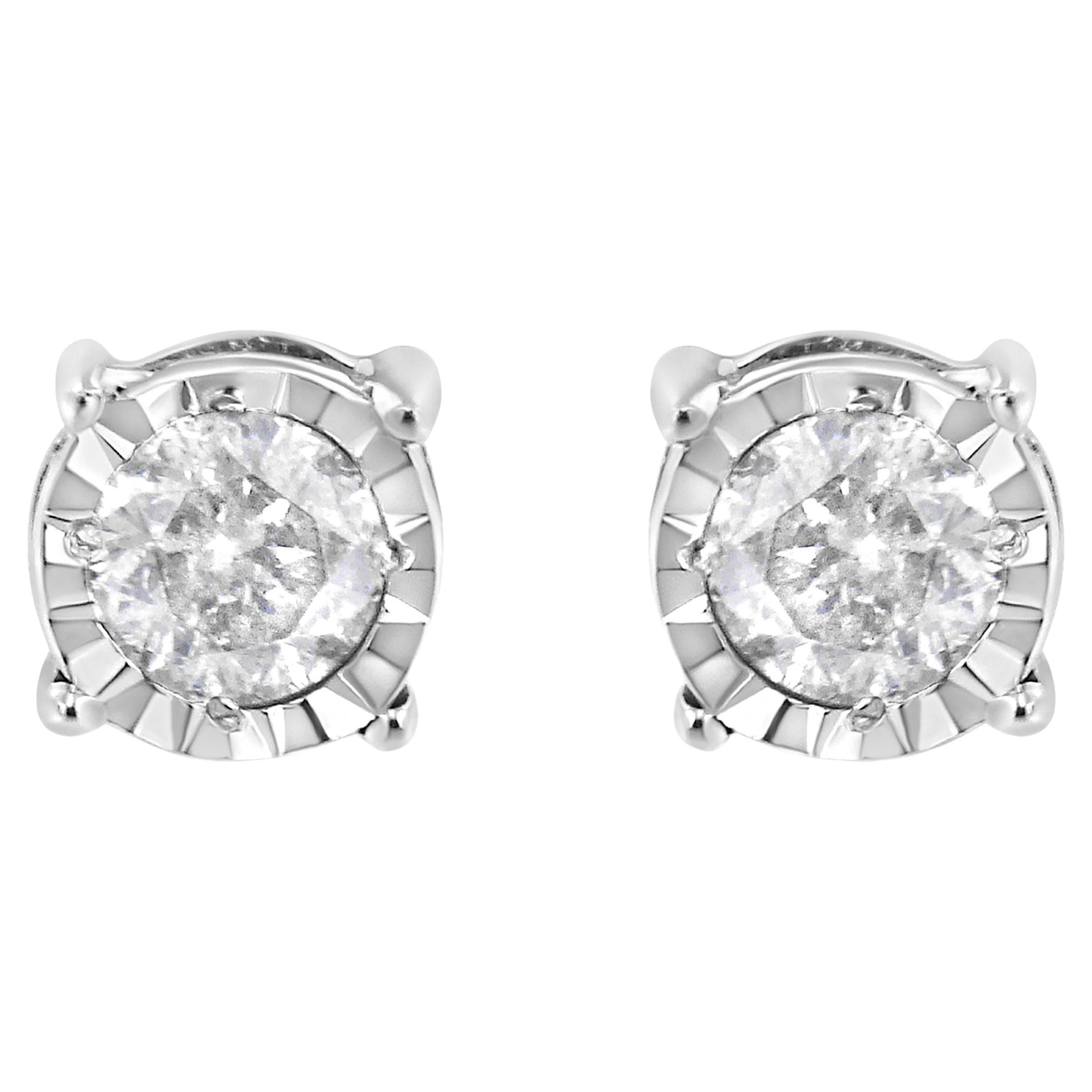 .925 Sterling Silver 3/8 Carat Brilliant Cut Diamond Solitaire Stud Earrings For Sale
