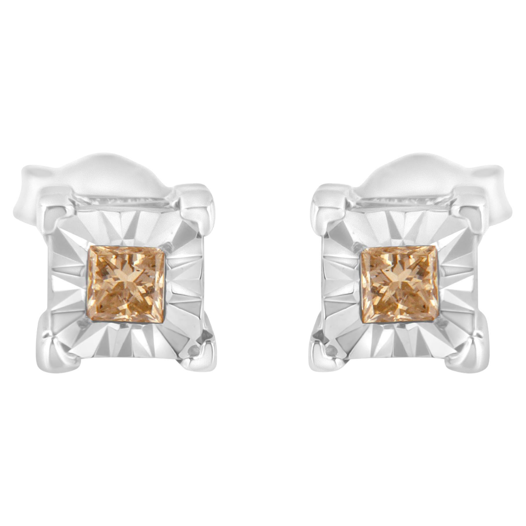 .925 Sterling Silver 3/8 Carat Princess-Cut Diamond Solitaire Stud Earrings