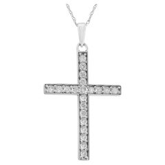 .925 Sterling Silver 3/8 Carat Round-Cut Diamond Cross Pendant Necklace