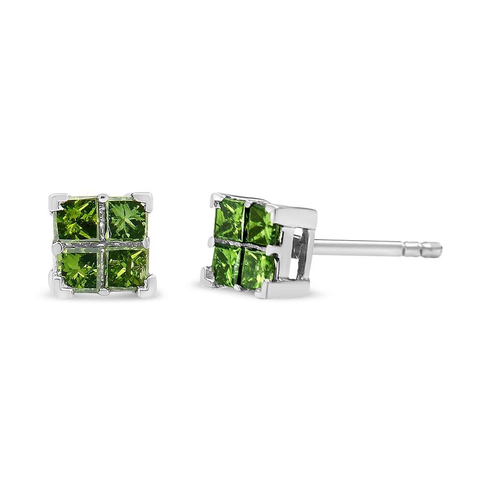 Celebrate a special moment with these exquisite quad green diamond composite stud earrings made of genuine .925 sterling silver. This pair of four-diamond composite stud earrings features a cluster of four, green treated princess cut diamonds on