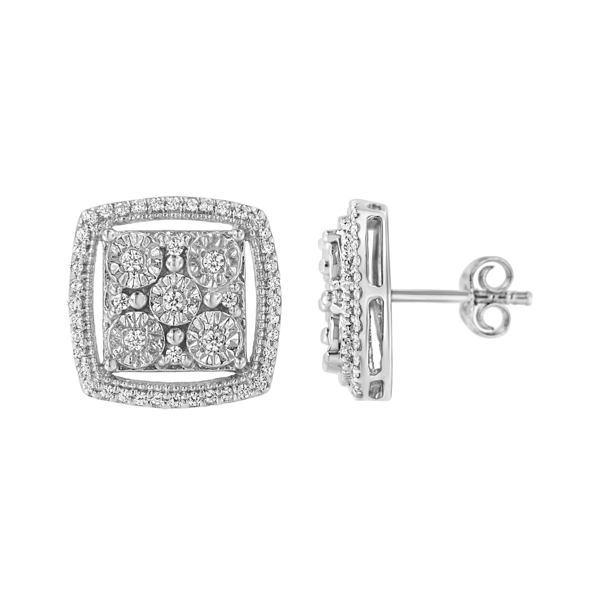 Created in cool sterling silver, these earrings feature 3/8 carats of diamonds. Five princess cut diamonds in a miracle setting are arranged square shape in these stud earrings. A beaded silver ribbon and a glittering round cut diamond inlaid ribbon