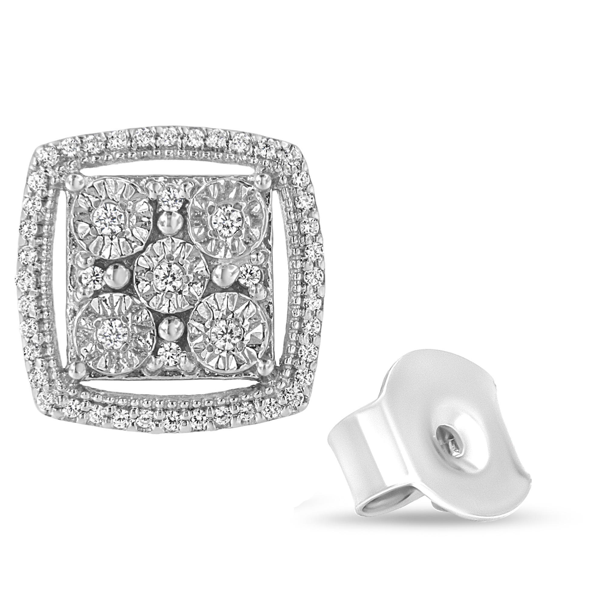 Modern .925 Sterling Silver 3/8 Cttw Round-Cut Diamond Double Halo Cluster Earrings For Sale