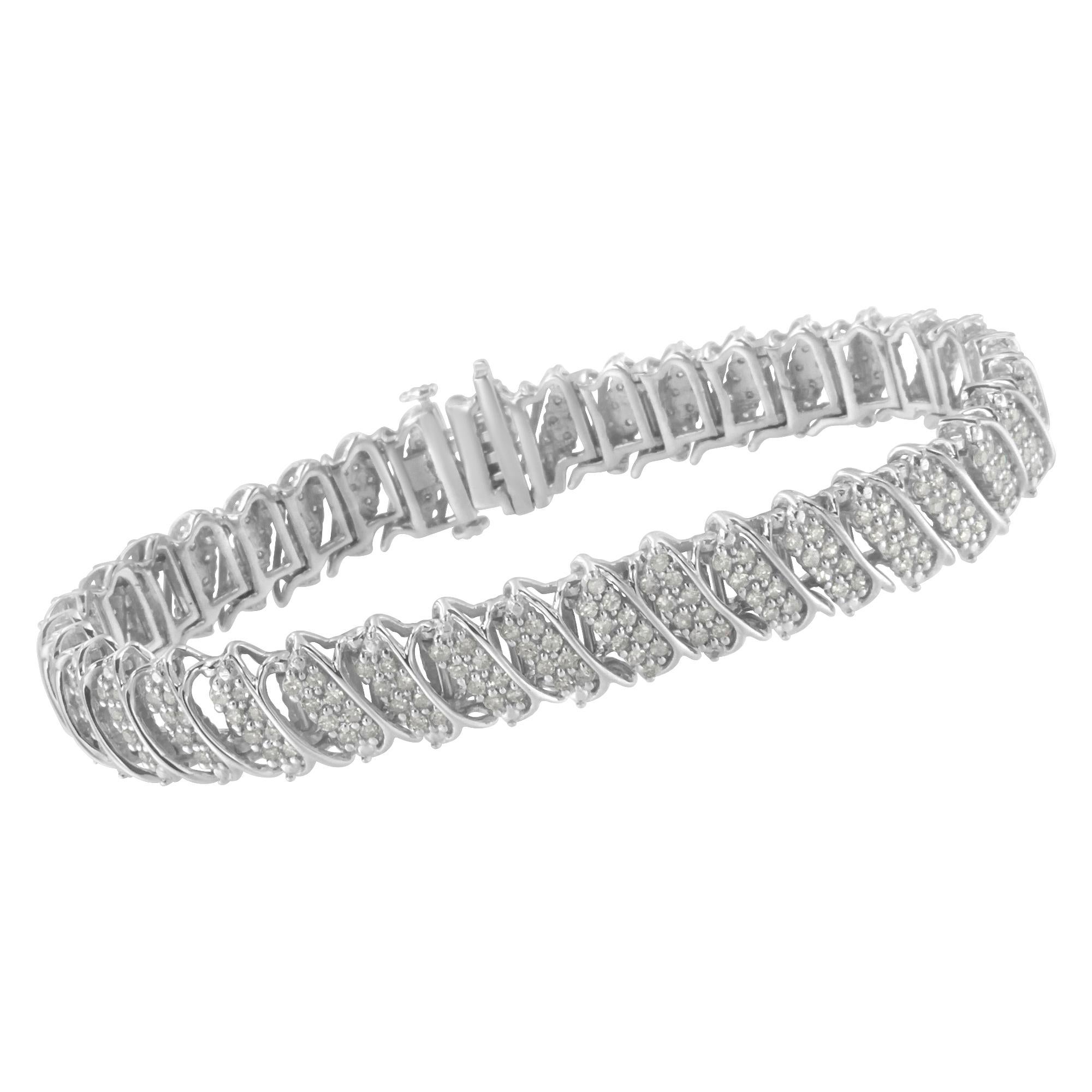 Contemporain Bracelet tennis à maillons en argent sterling avec grappe de diamants de 3,0 carats en forme de vague, .925 en vente