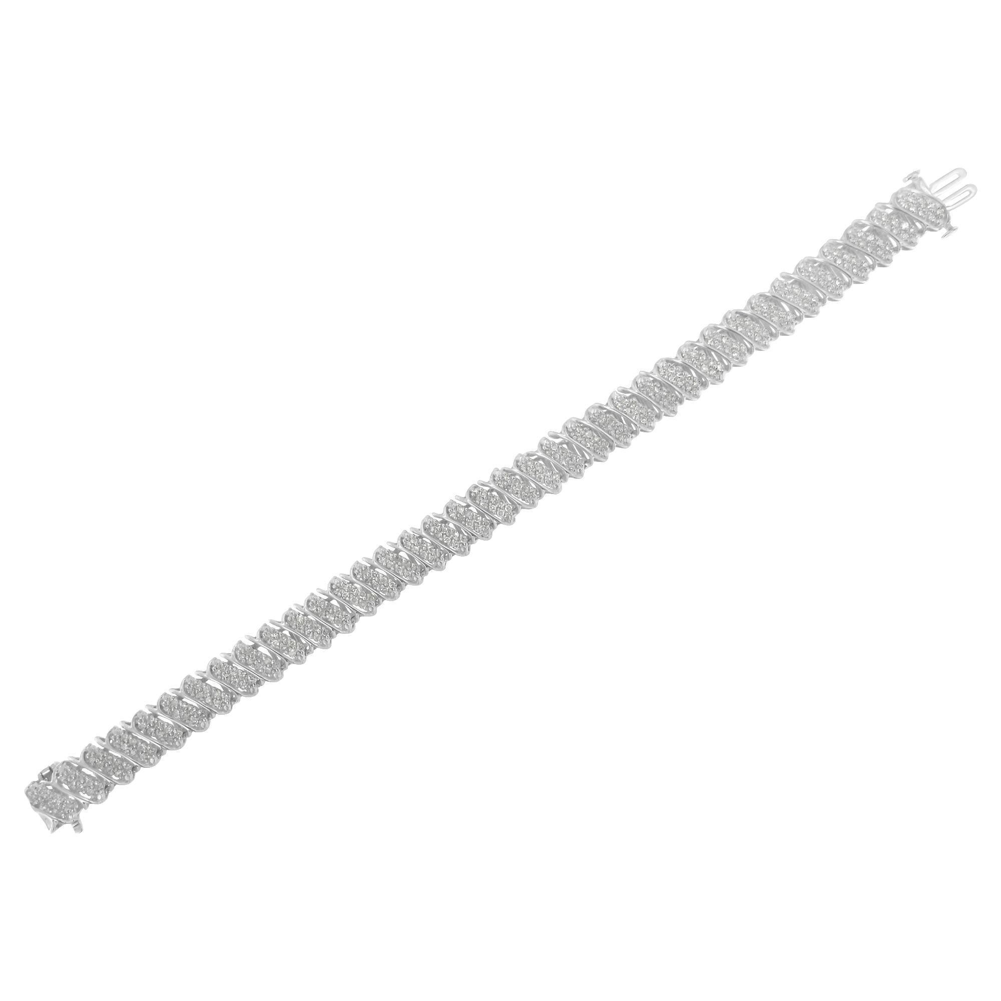 Contemporary .925 Sterling Silver 3.0 Carat Diamond Cluster Wave Link Tennis Bracelet For Sale