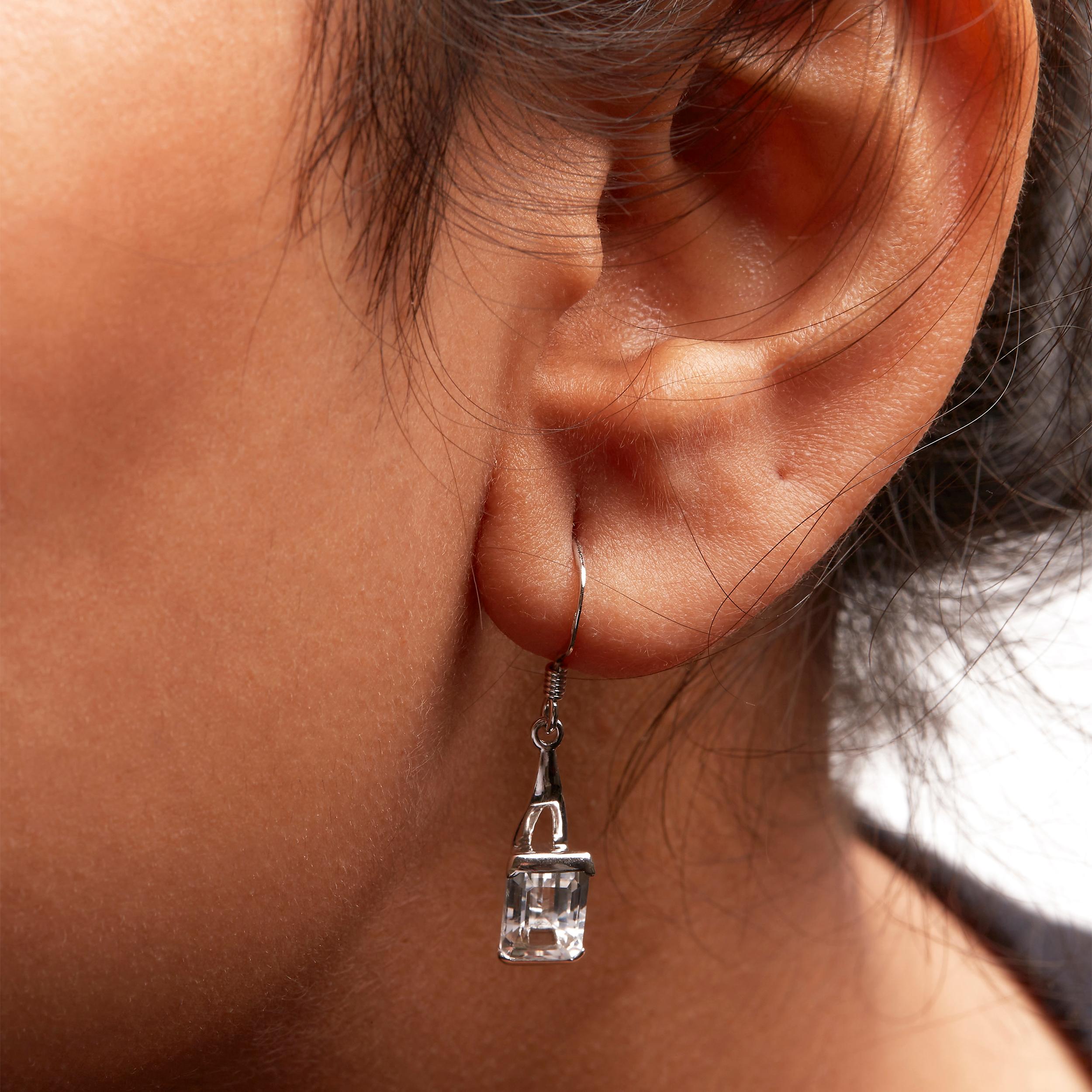 .925 Sterling Silver 3.0 Carat Emerald Cut White Topaz Solitaire Dangle Earring In New Condition In New York, NY