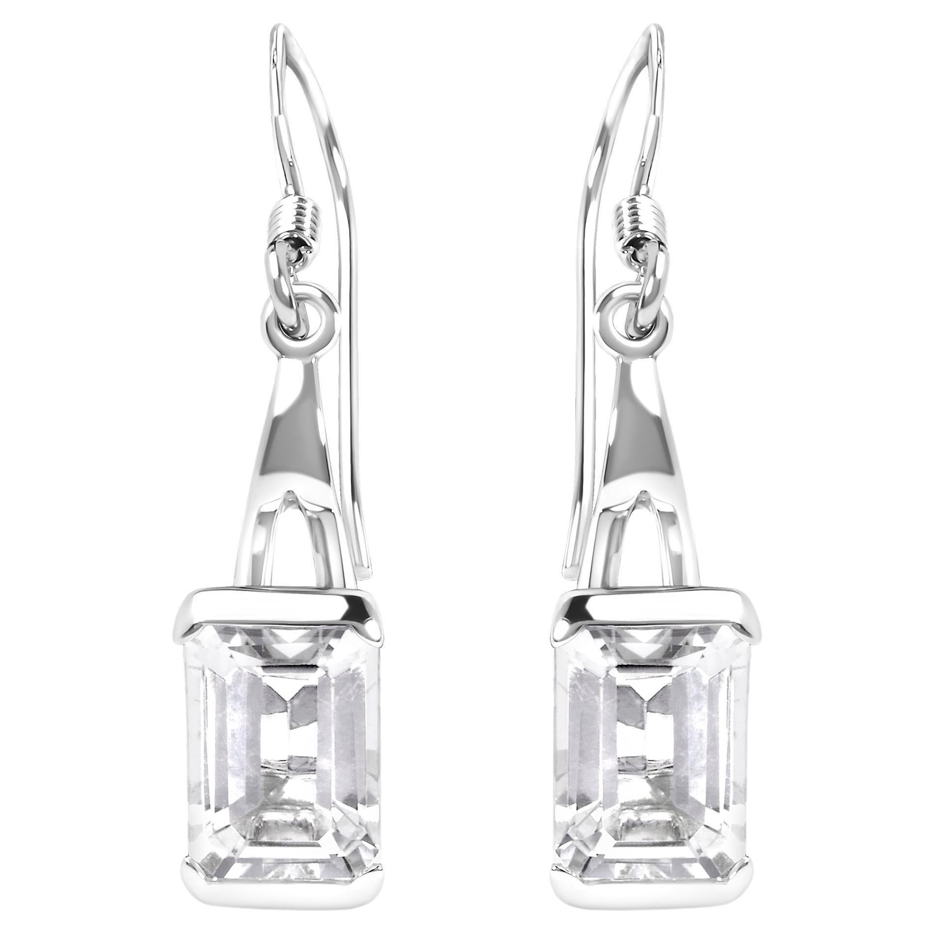 .925 Sterling Silver 3.0 Carat Emerald Cut White Topaz Solitaire Dangle Earring