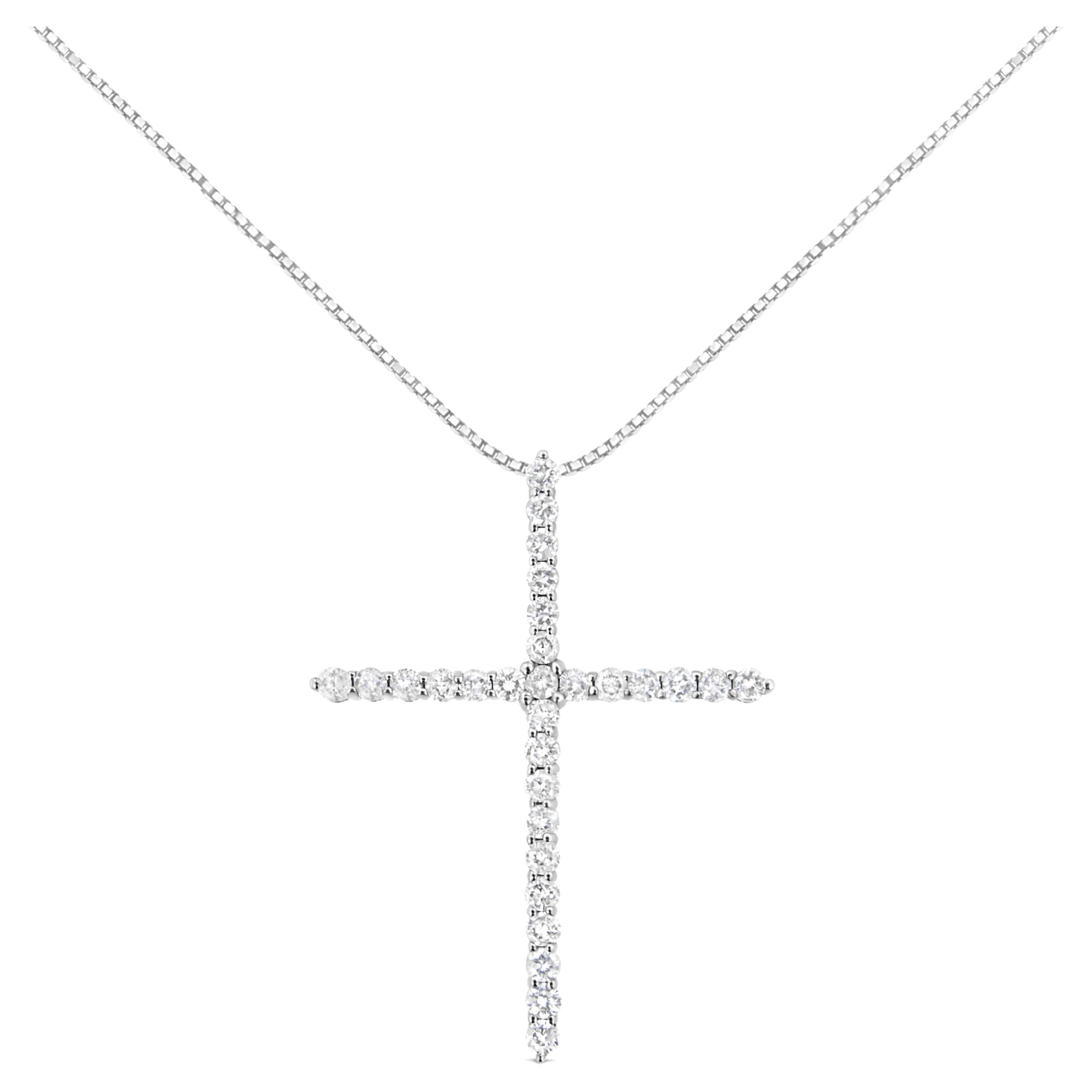 .925 Sterling Silver 3.0 Carat Round-Cut Diamond Cross Pendant Necklace For Sale