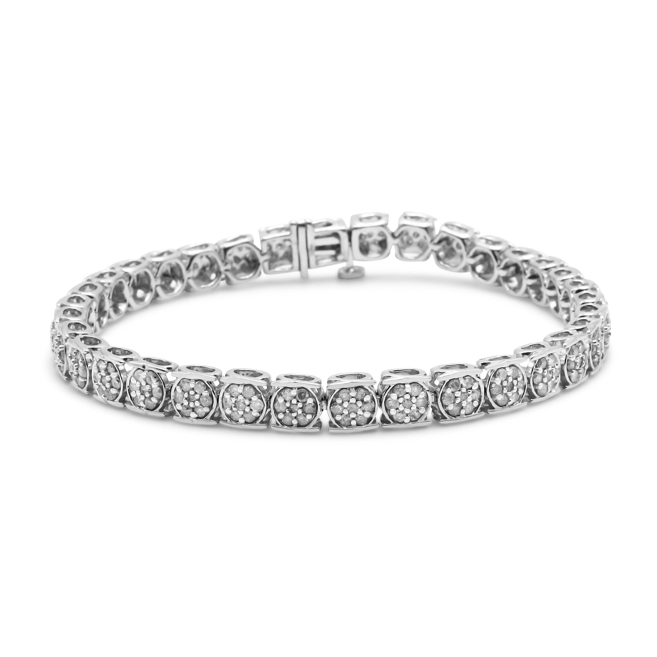 Contemporary .925 Sterling Silver 3.0 Carat Round Diamond Floral Cluster Link Bracelet