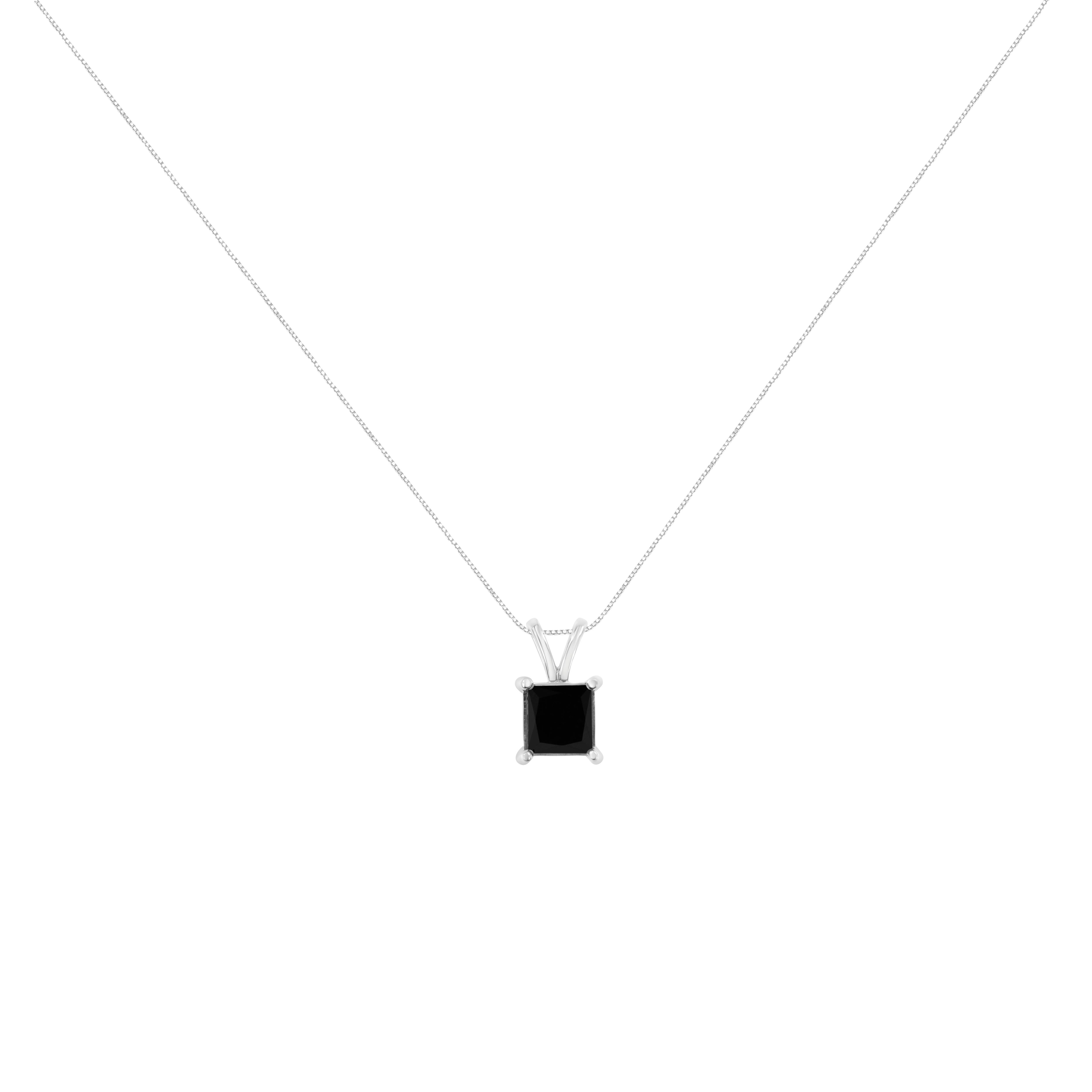 Complement your neckline with this lovely solitaire pendant necklace. A box chain serves as the perfect background for this pendant to dangle from. A stunning, color treated, black princess cut diamond in a prong setting is the centerpiece of this