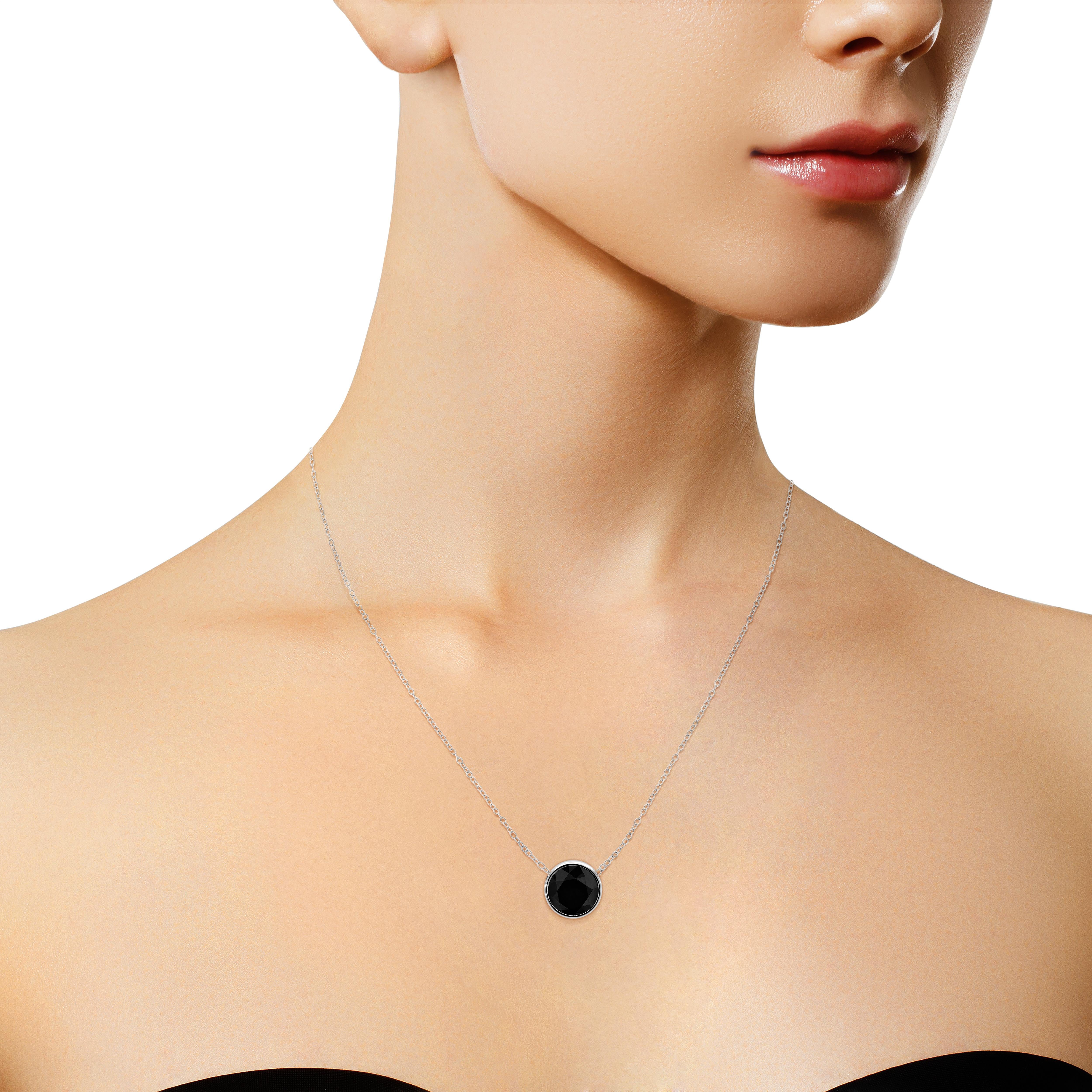 Round Cut .925 Sterling Silver 3.0 Carat Treated Black Diamond Solitaire Pendant Necklace For Sale