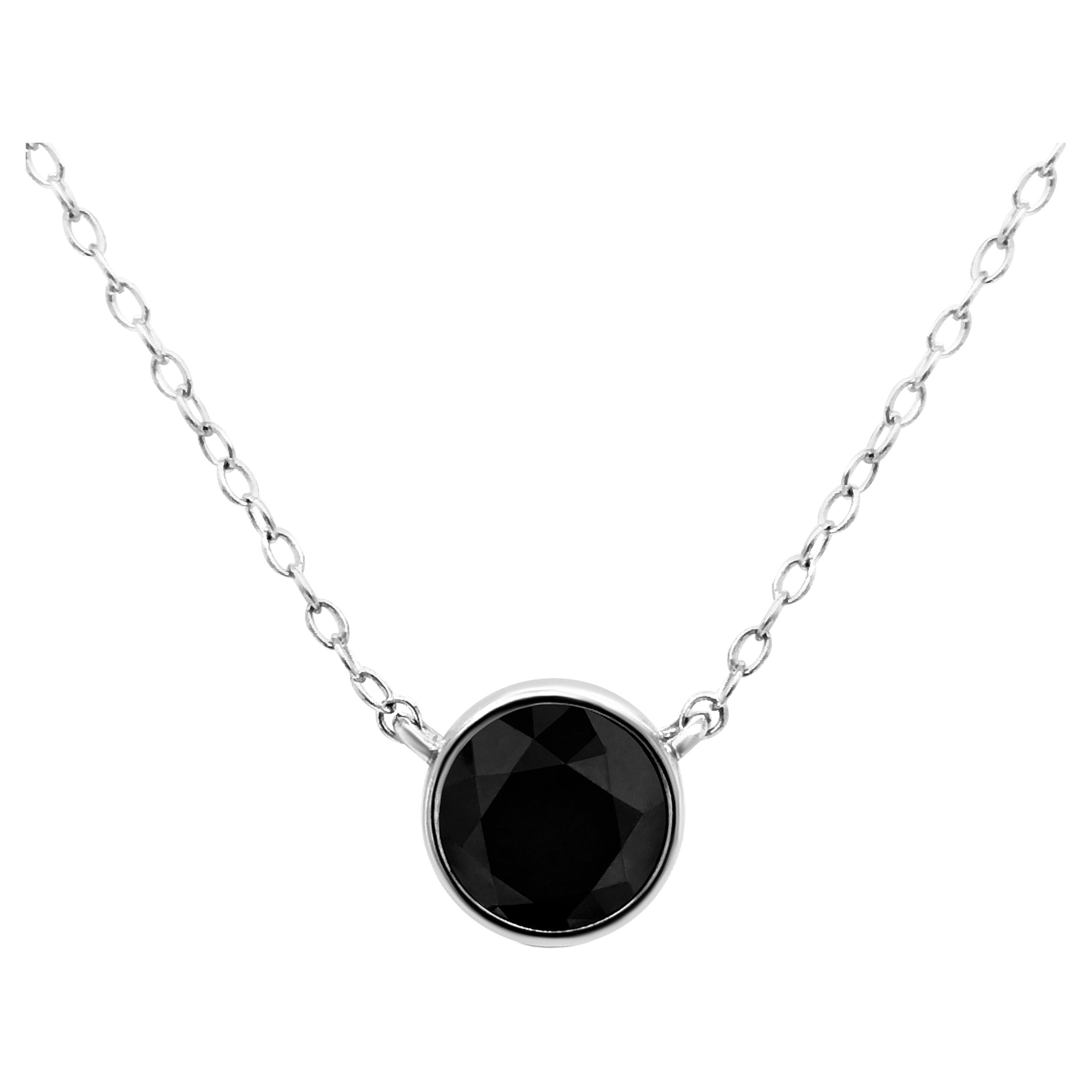 .925 Sterling Silver 3.0 Carat Treated Black Diamond Solitaire Pendant Necklace For Sale