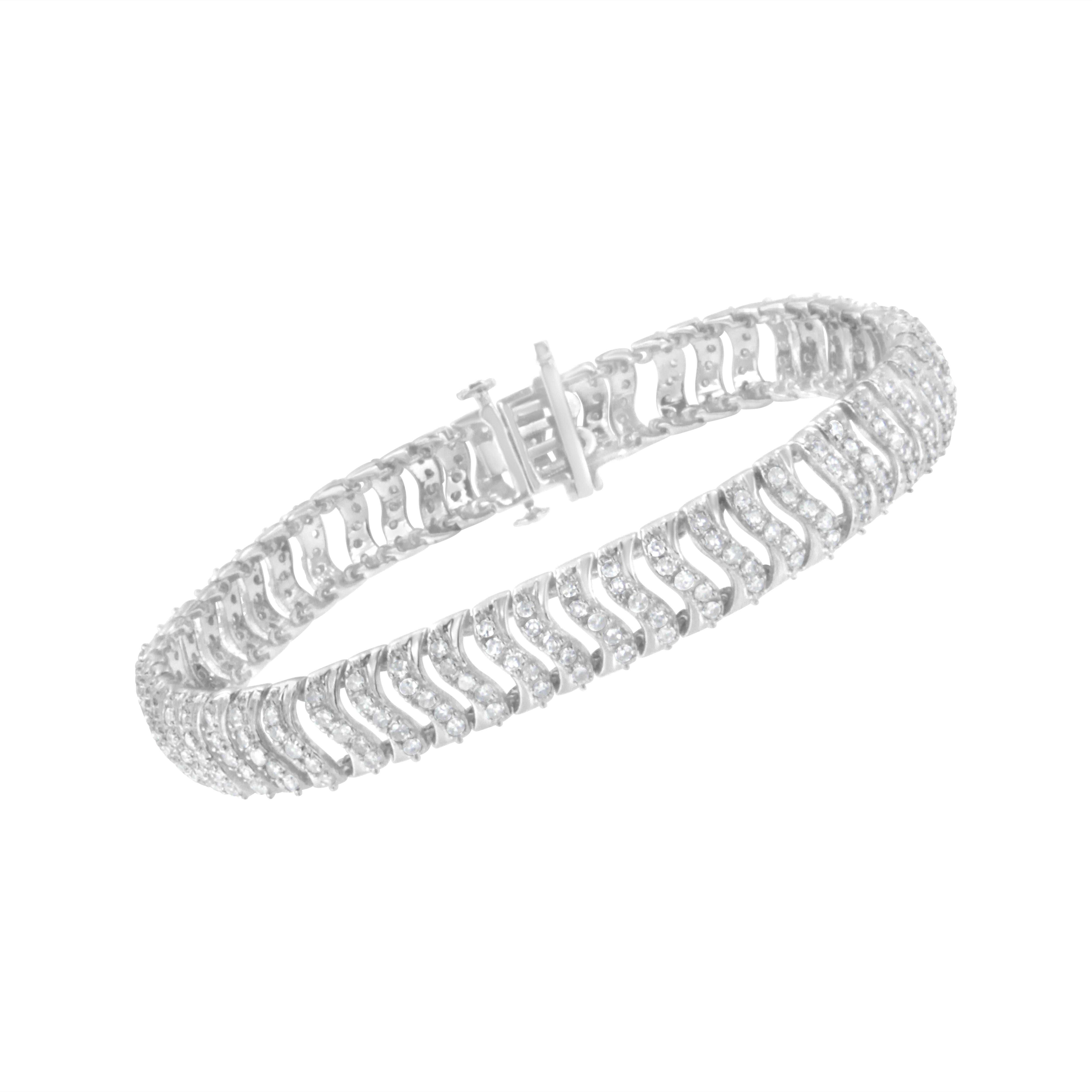 Treat yourself to this glamorous 3 carat diamond wave bracelet. This authentic design is crafted of real 92.5% sterling silver that has been electro-coated with genuine rhodium (a platinum-family metal), a precious metal that will keep a