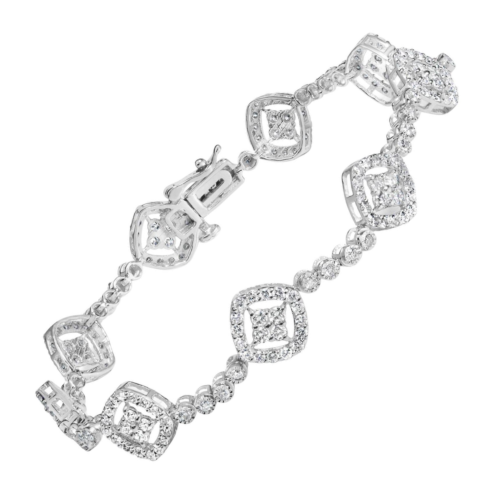 .925 Bracciale a maglie quadrate con diamante aureolato in argento 925 da 3,0 cttw in vendita