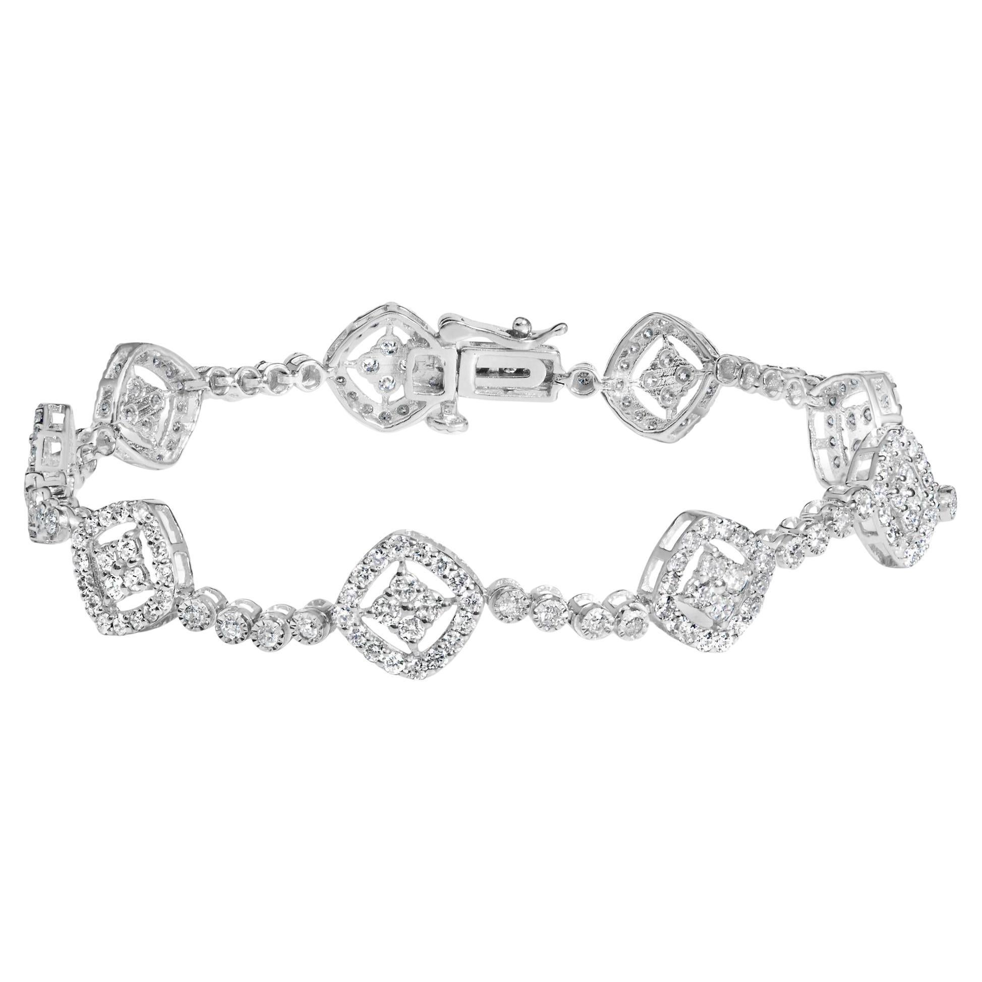 .925 Sterling Silver 3.0 Cttw Diamond Halo Square Shape Link Bracelet