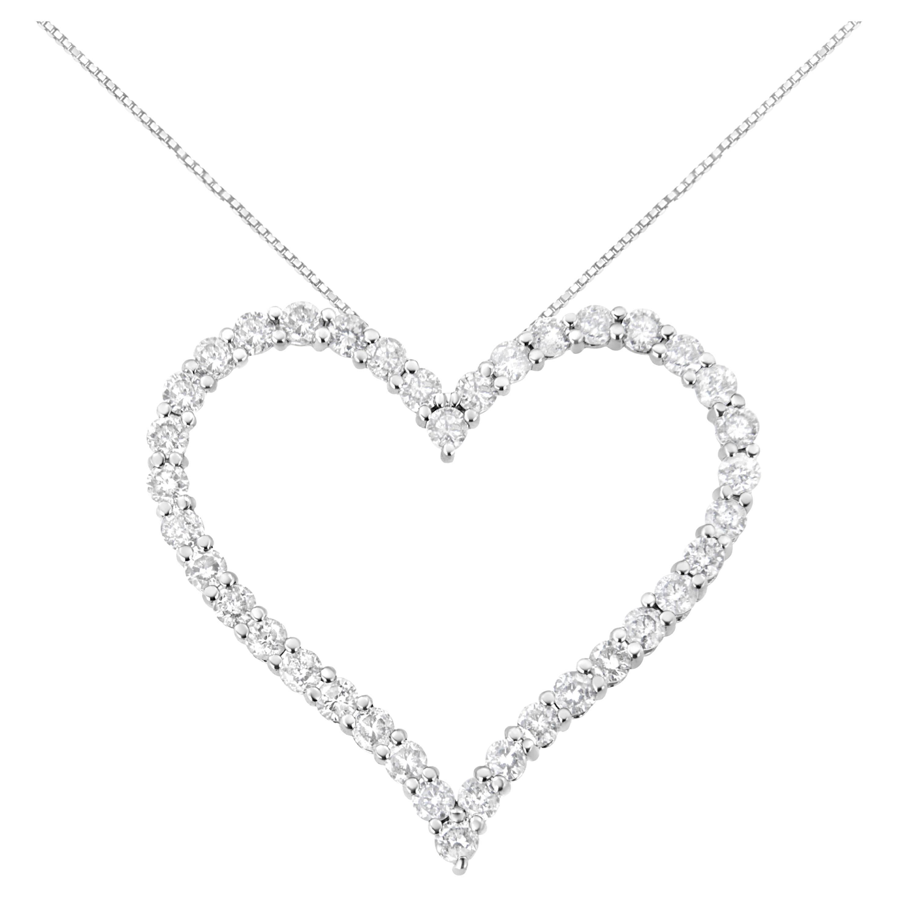 .925 Sterling Silver 3.00 Carat Round-Cut Diamond Open Heart Pendant Necklace For Sale