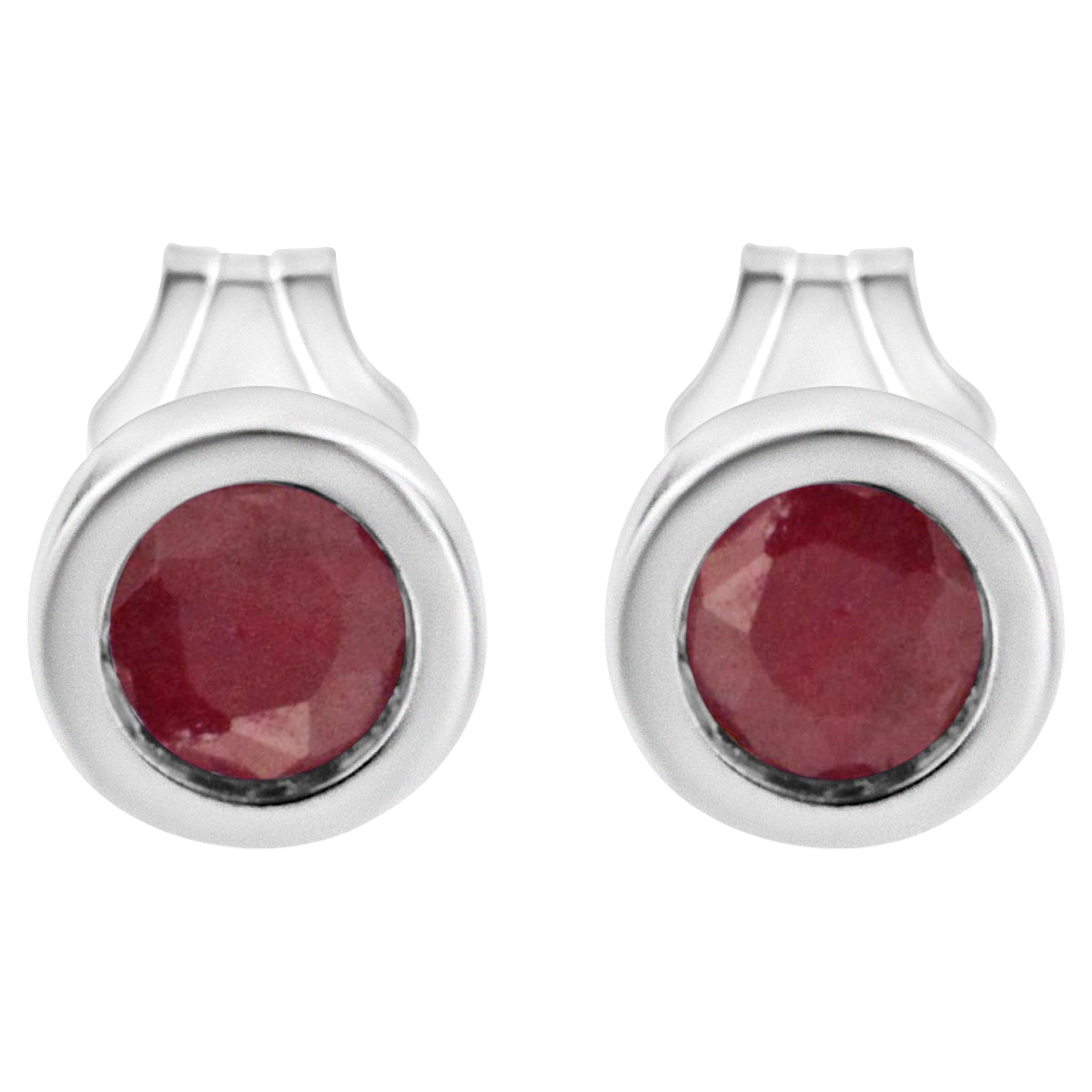 .925 Sterling Silver Created Red Garnet Gemstone Solitaire Stud Earrings For Sale