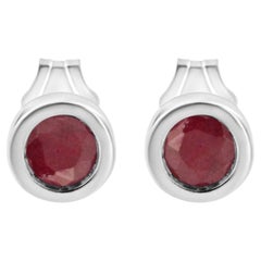 .925 Sterling Silver Created Red Garnet Gemstone Solitaire Stud Earrings