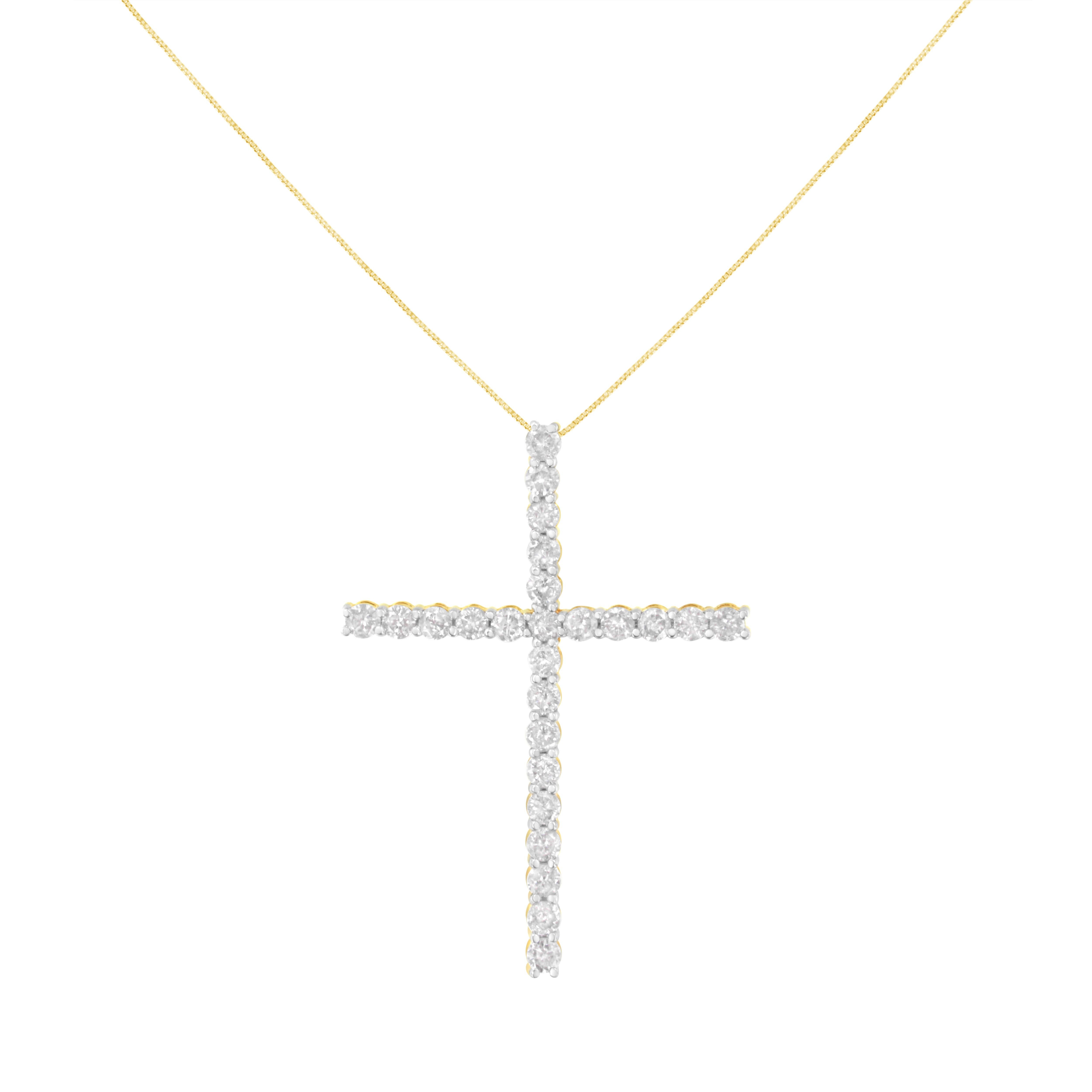 Share your faith with this stunning diamond cross pendant necklace. This cherished cross necklace for her, features 25 natural, round diamonds set in 2 Micron 10k Yellow Gold Plated Sterling Silver. The pendant is suspended from an 18-inch box chain